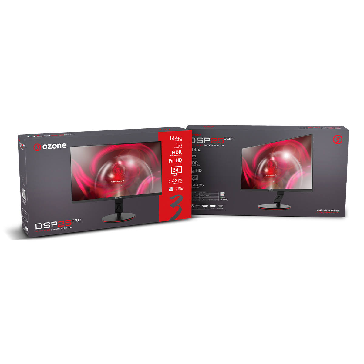 Due scatole di monitor da gioco Ozone DSP27 Pro. Ogni scatola presenta un monitor con un design rosso.