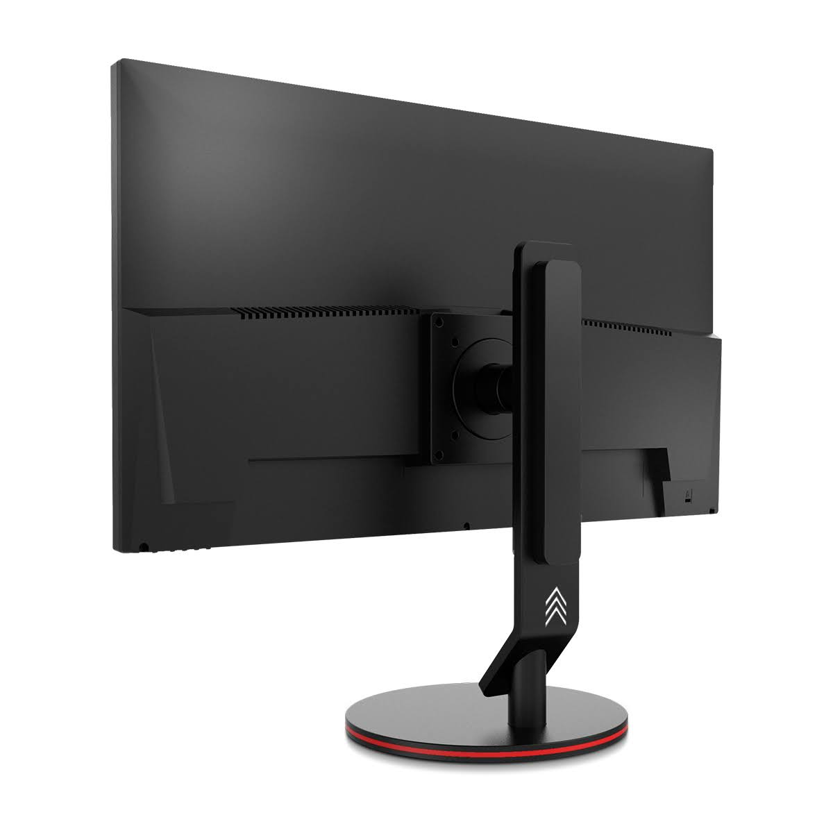 Il retro di un monitor nero, con un supporto e alcune frecce sulla base.