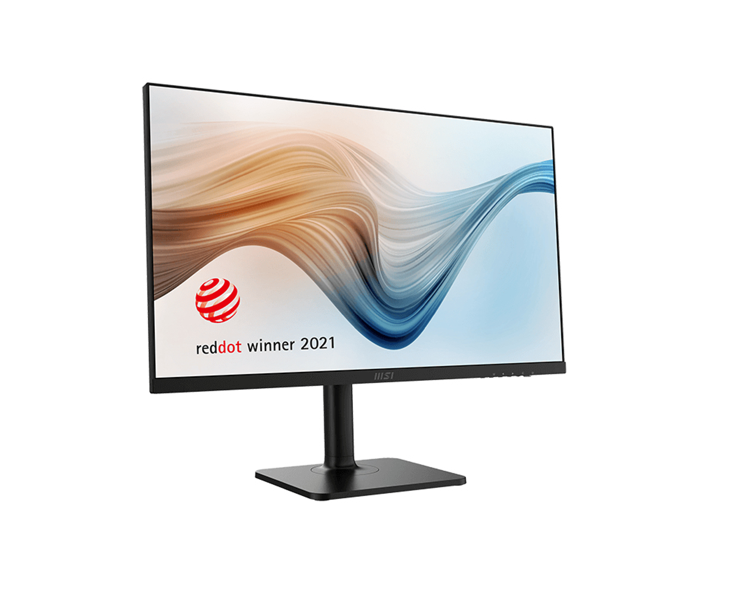 Un monitor del computer nero con un'immagine astratta fluida sullo schermo e un logo rosso del vincitore.
