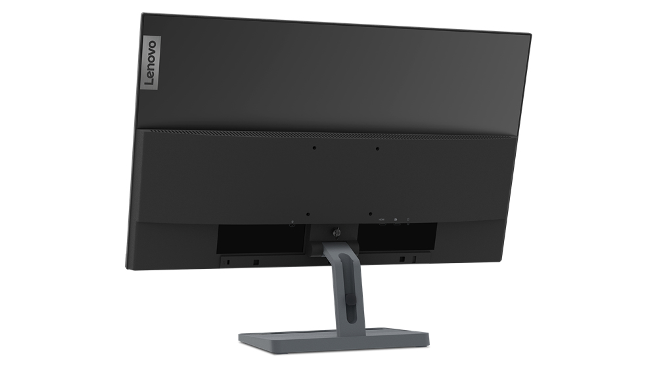 Parte posterior del monitor negro Lenovo con el logotipo de Lenovo.
