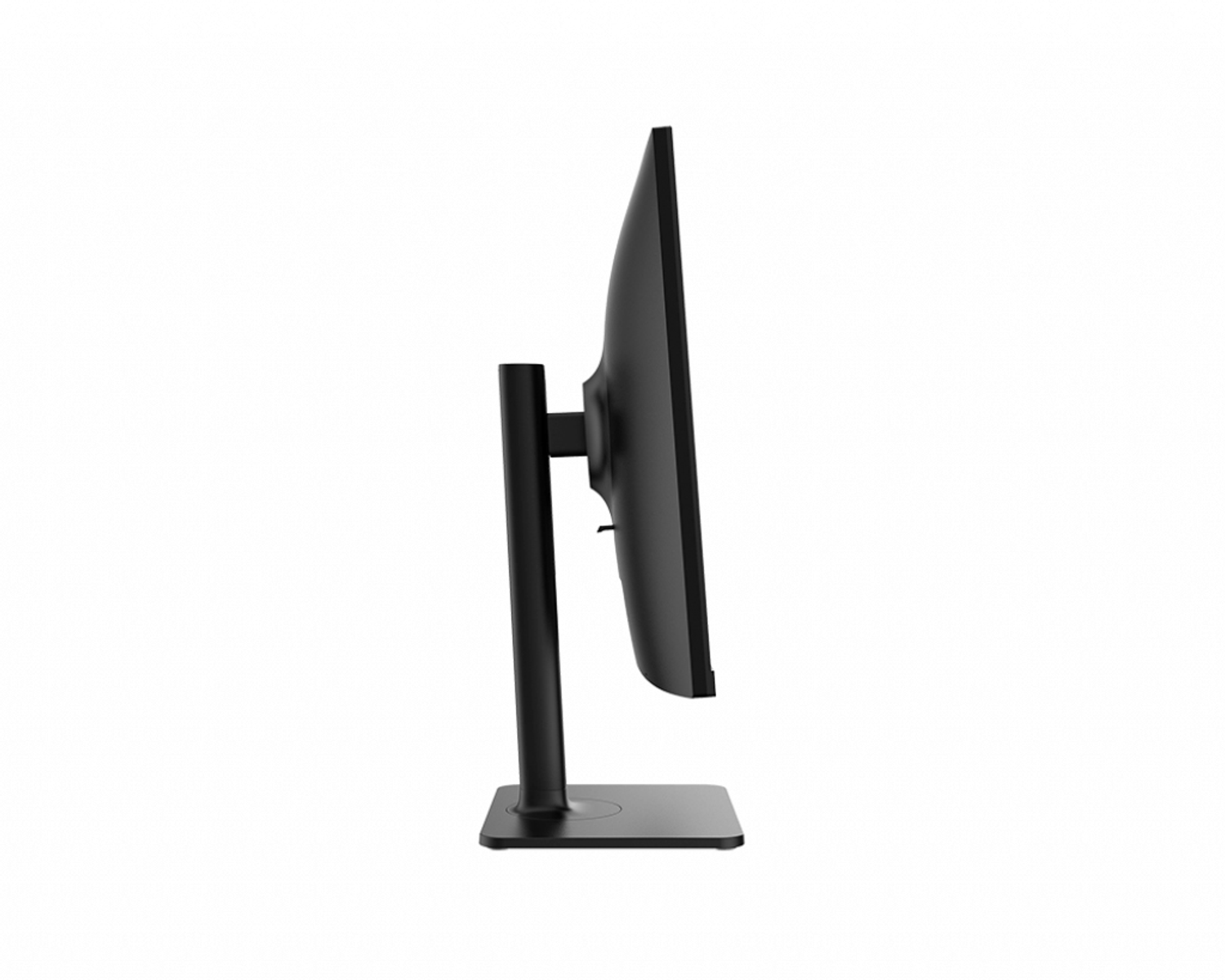 Monitor del computer da vista laterale. Cornice nera, supporto nero, sfondo bianco.