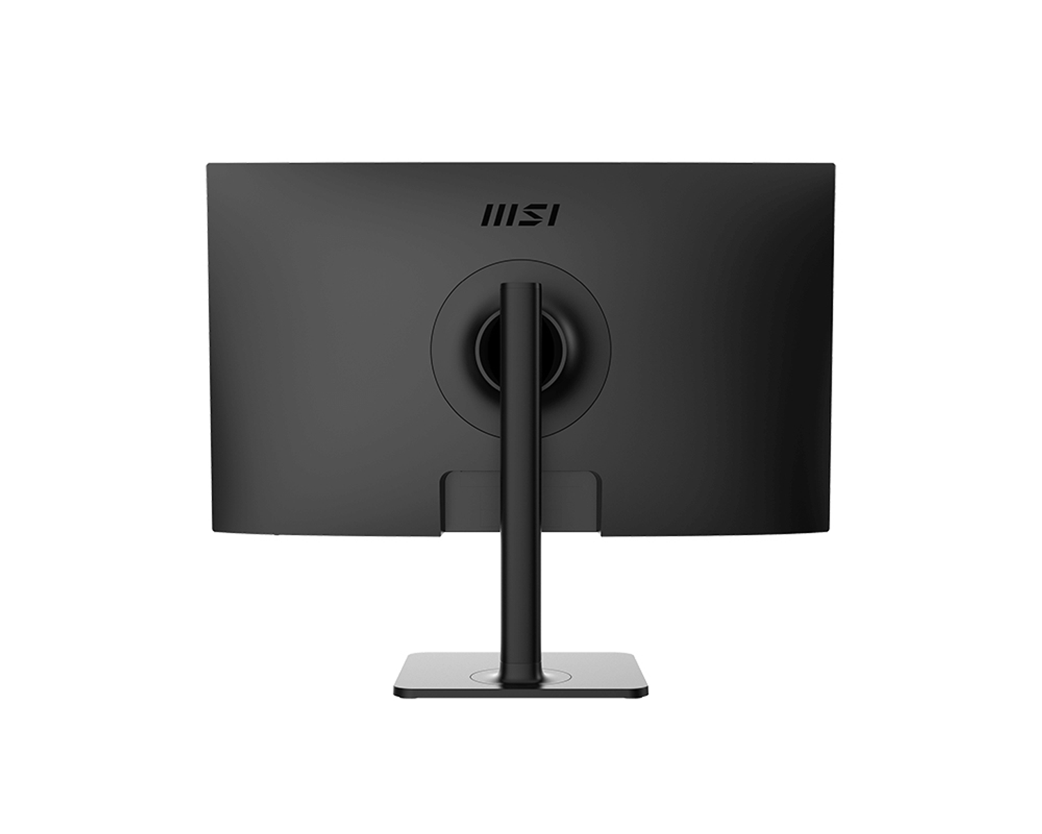 Il retro di un monitor per computer nero, con supporto e logo MSI.
