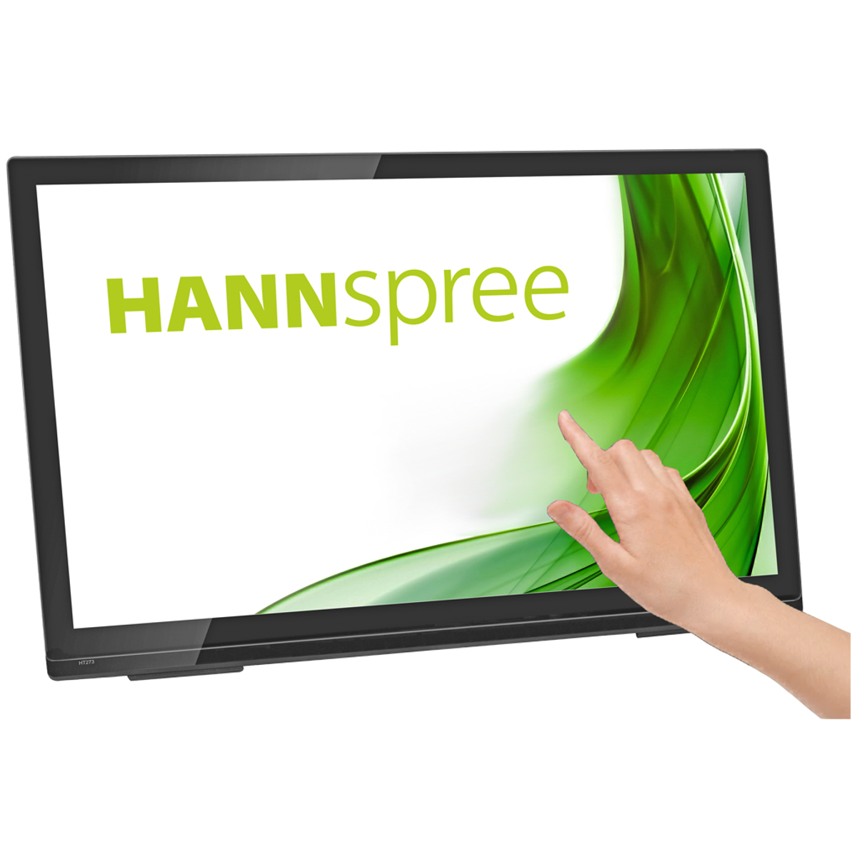 Una mano che tocca un monitor. Lo schermo mostra la parola "HANNspree".