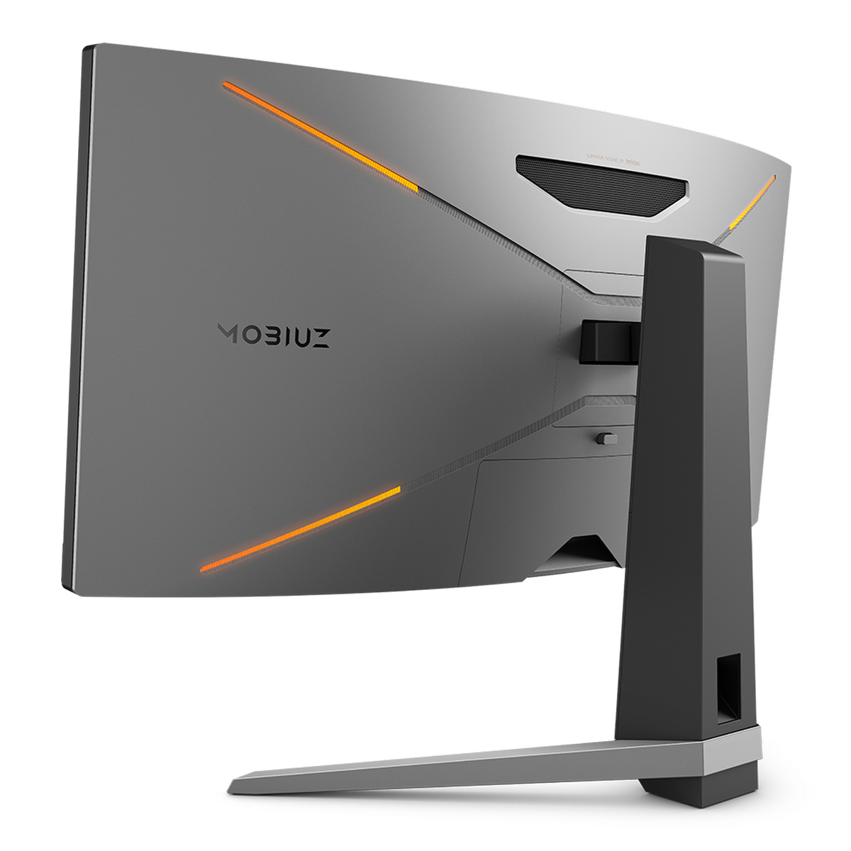Szary i czarny tył monitora z pomarańczowymi akcentami i podstawą. Widoczny tekst MOBIUZ.