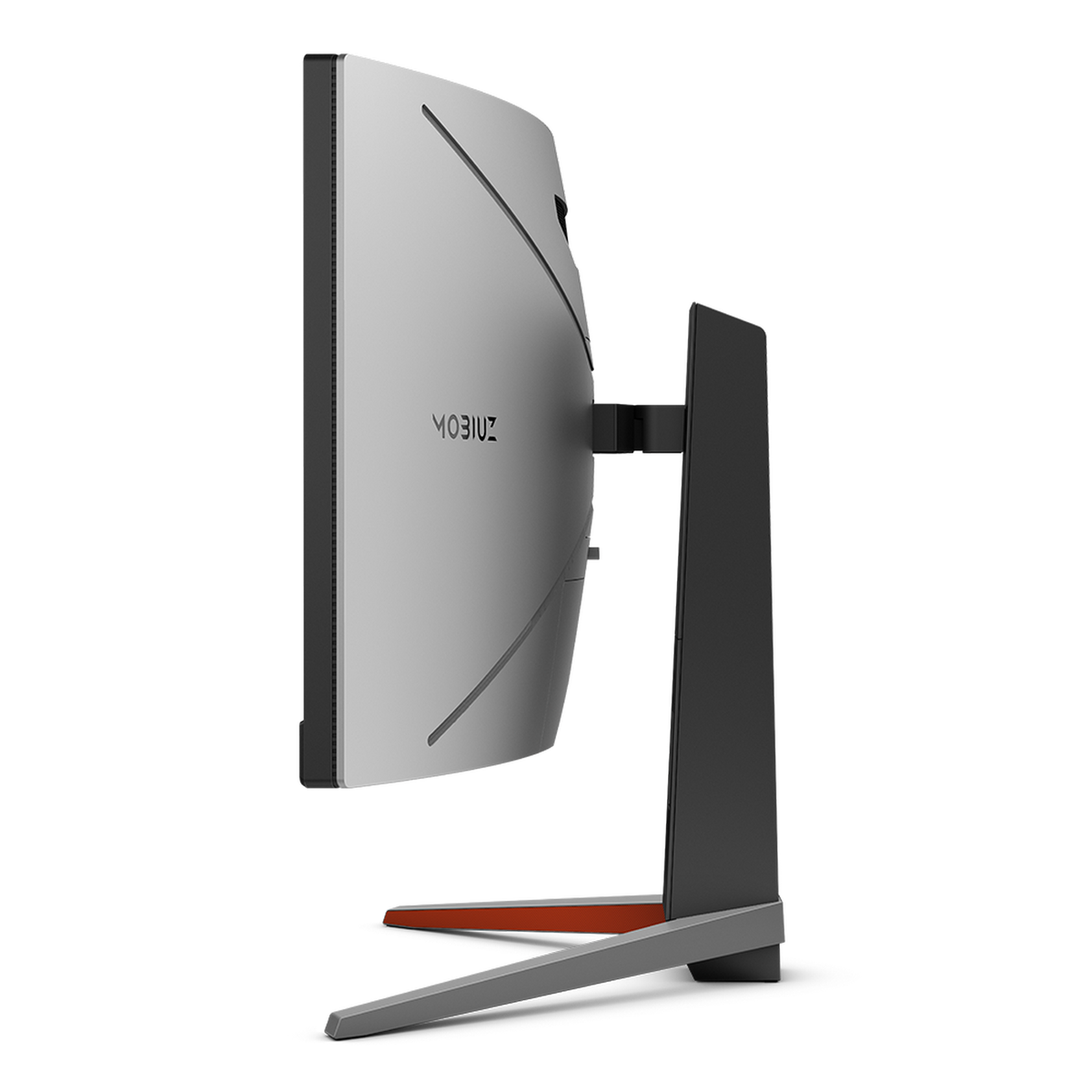 Widok z boku monitora Mobius, pokazujący jego zakrzywioną konstrukcję i podstawę.