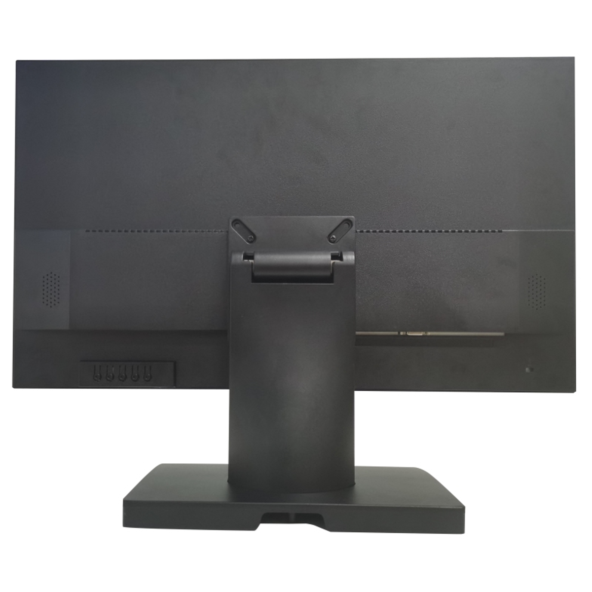 Rückansicht eines schwarzen Computermonitors mit Ständer und sichtbaren Anschlüssen.