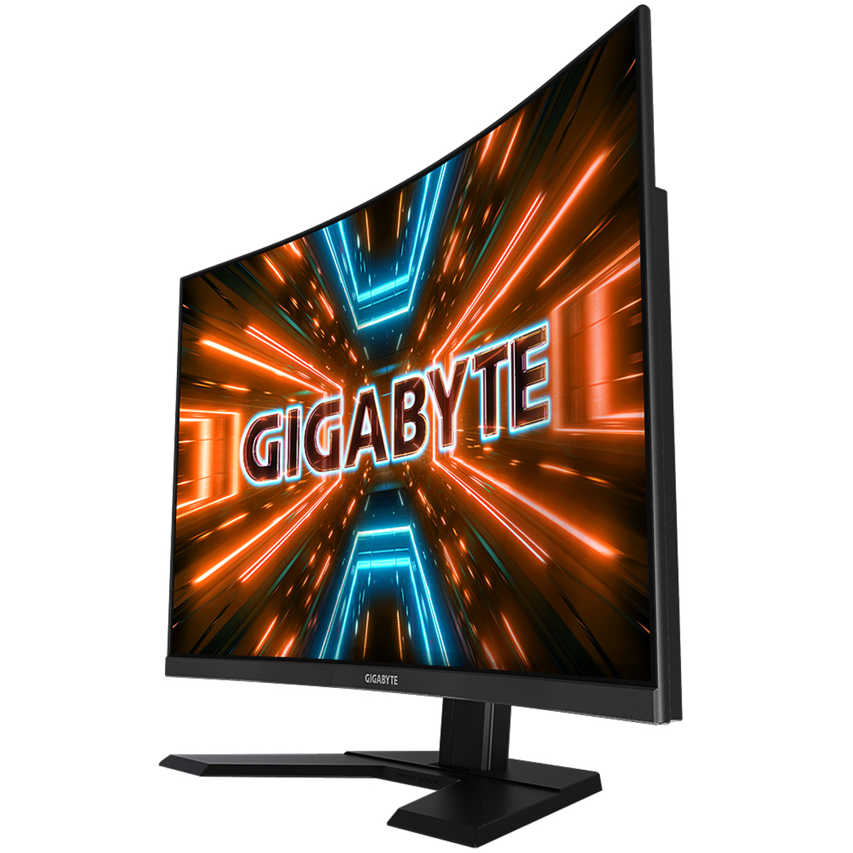 Monitor Gigabyte z zakrzywionym ekranem wyświetlającym pomarańczowo-niebieski design. Stojak jest czarny i elegancki.