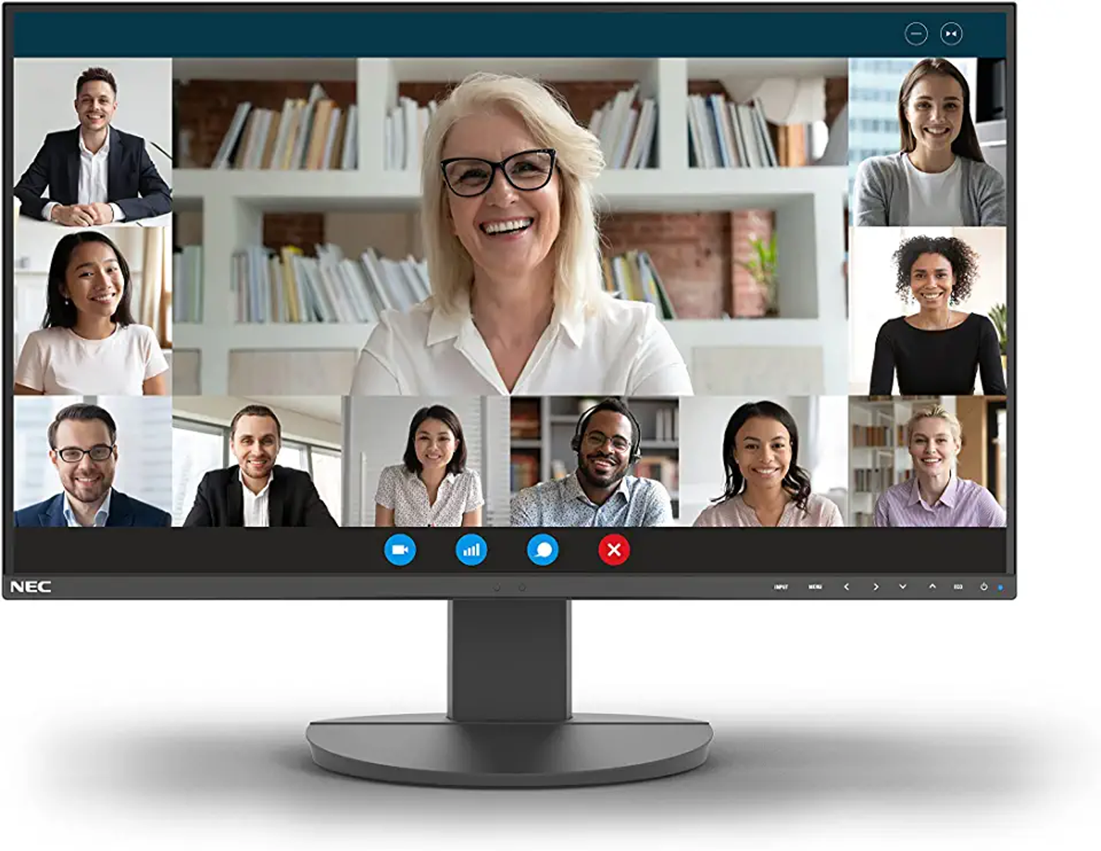 Una vista di profilo laterale di un monitor per computer con supporto.