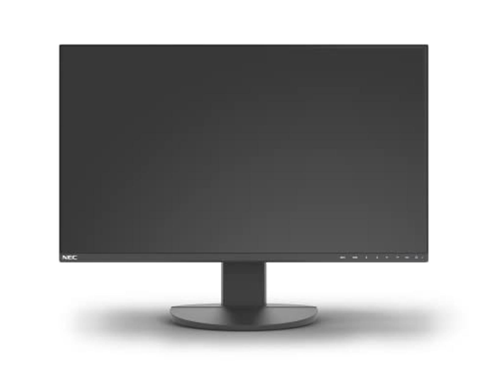 Un monitor di computer NEC nero su sfondo bianco.
