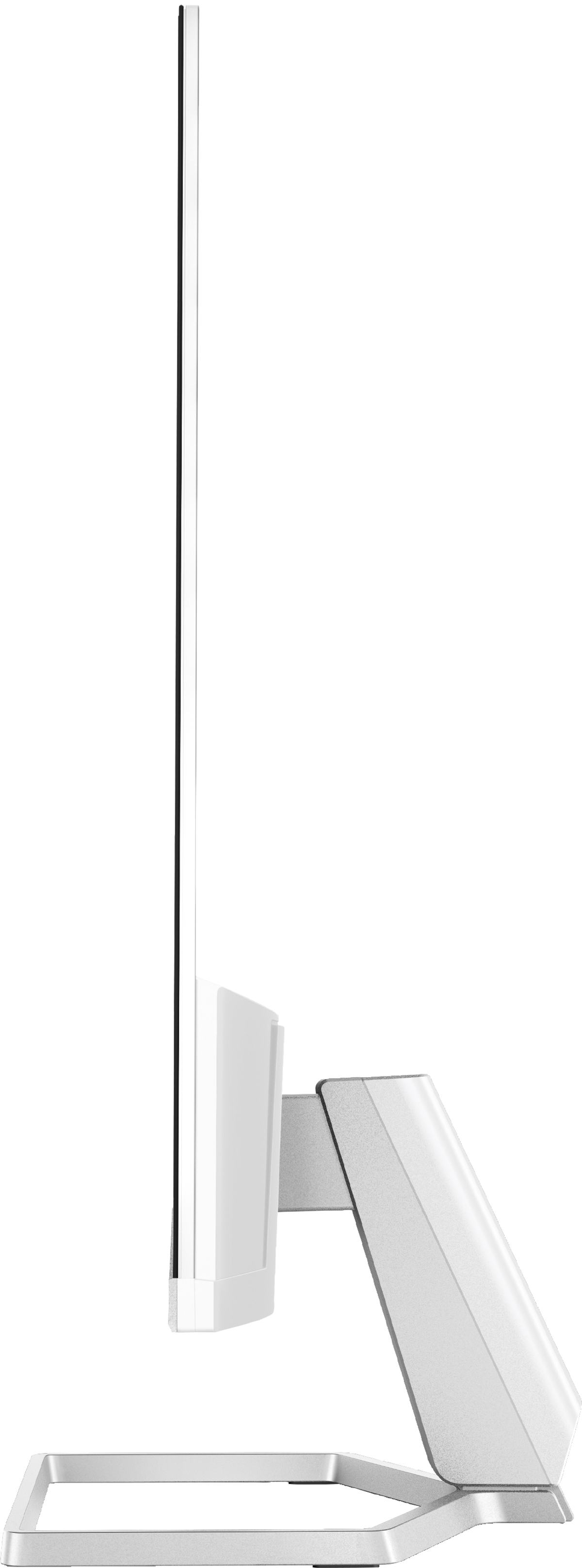 Vista laterale di un monitor. Lo schermo è bianco e sottile, con un supporto e una base argentati.
