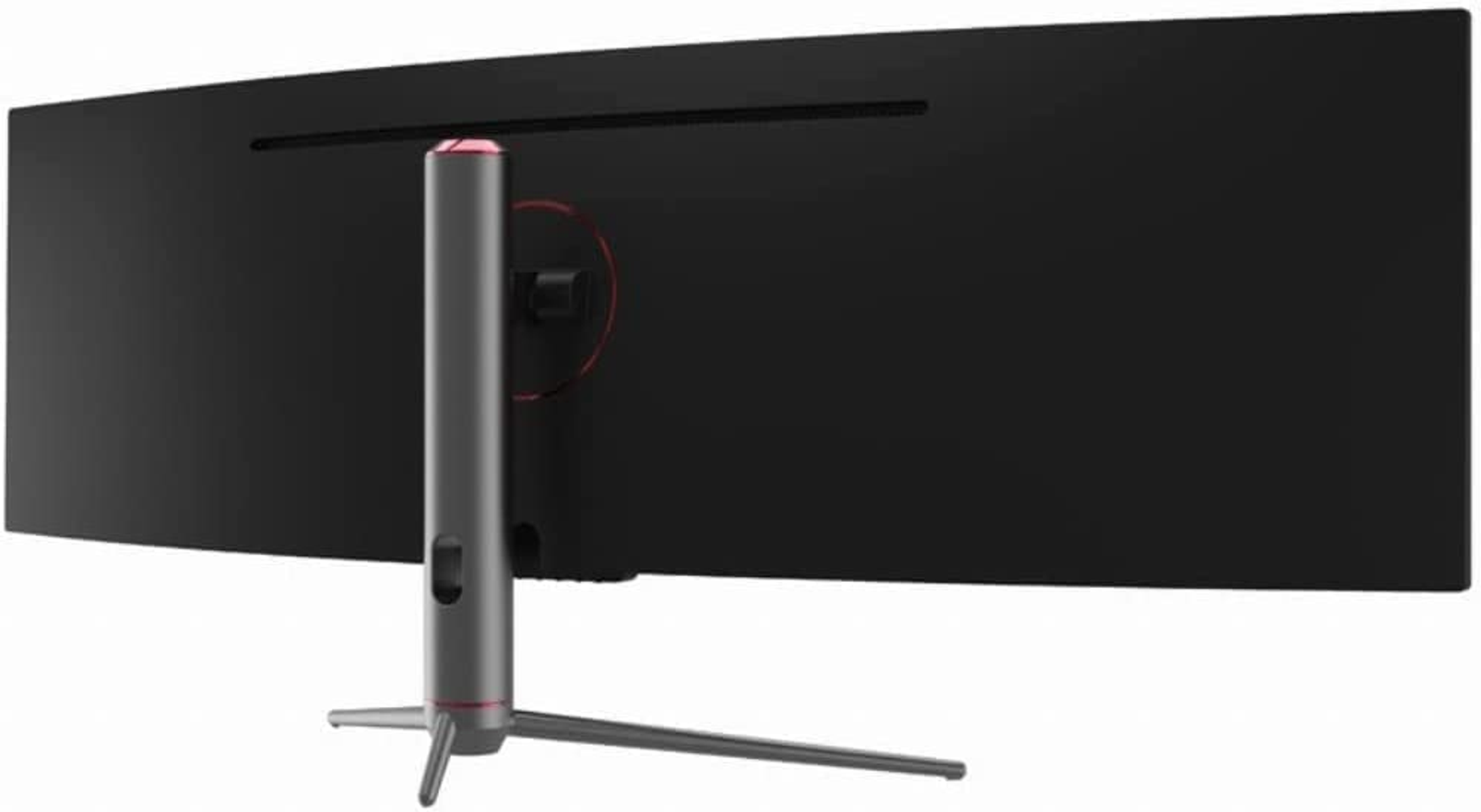 Tył czarnego zakrzywionego monitora ze stojakiem i czerwonymi akcentami.