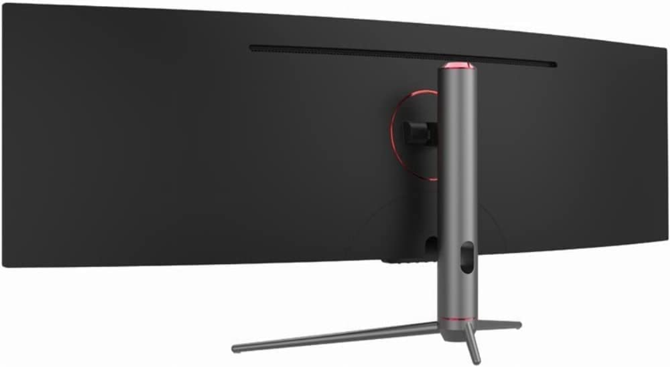 Widok z tyłu zakrzywionego czarnego monitora, ze stojakiem i czerwonymi akcentami.