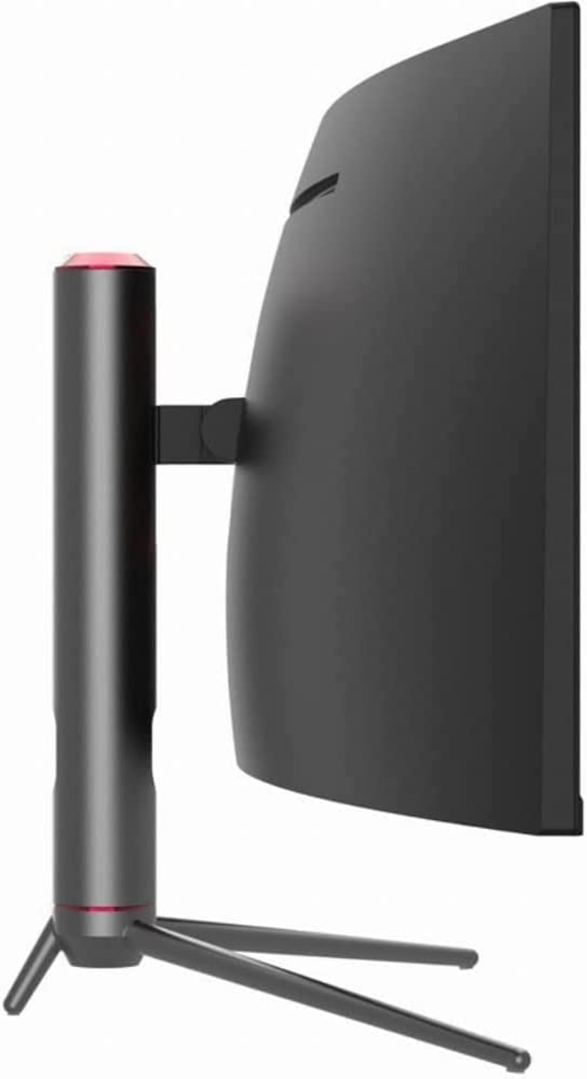 Widok z boku zakrzywionego monitora. Czarny ekran, czarna podstawa i czerwone akcenty.