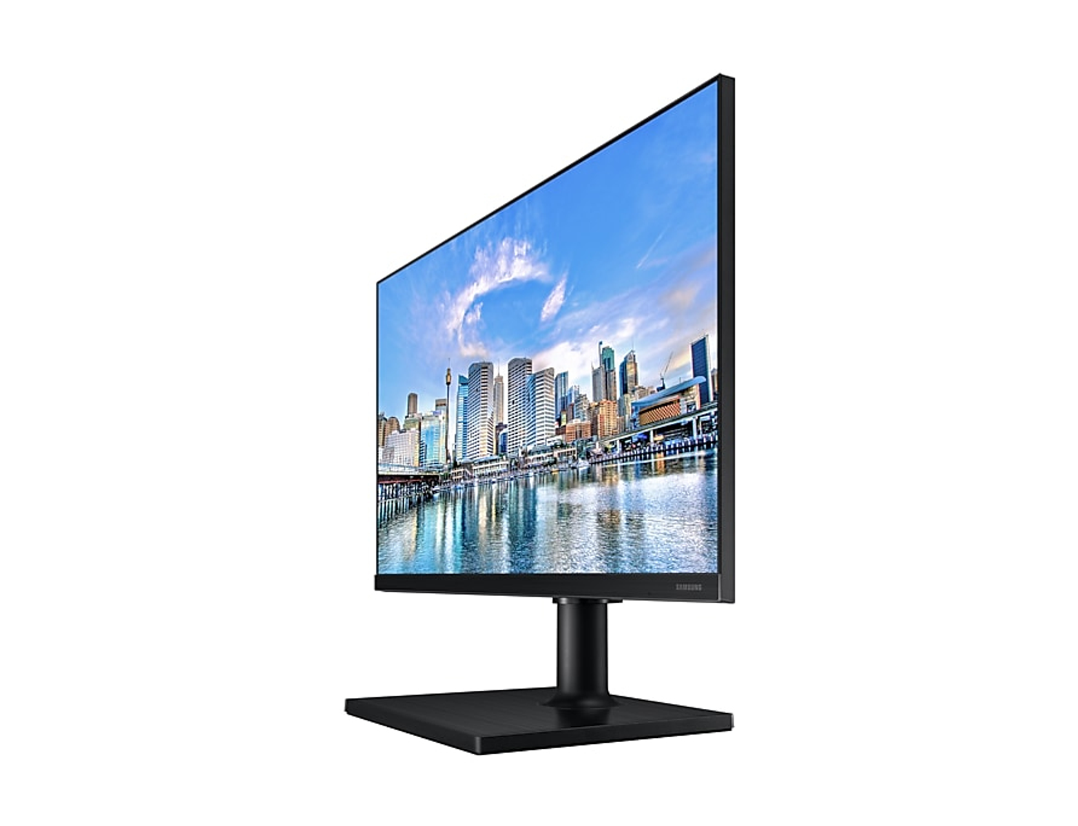 Un monitor nero su un supporto mostra uno skyline.
