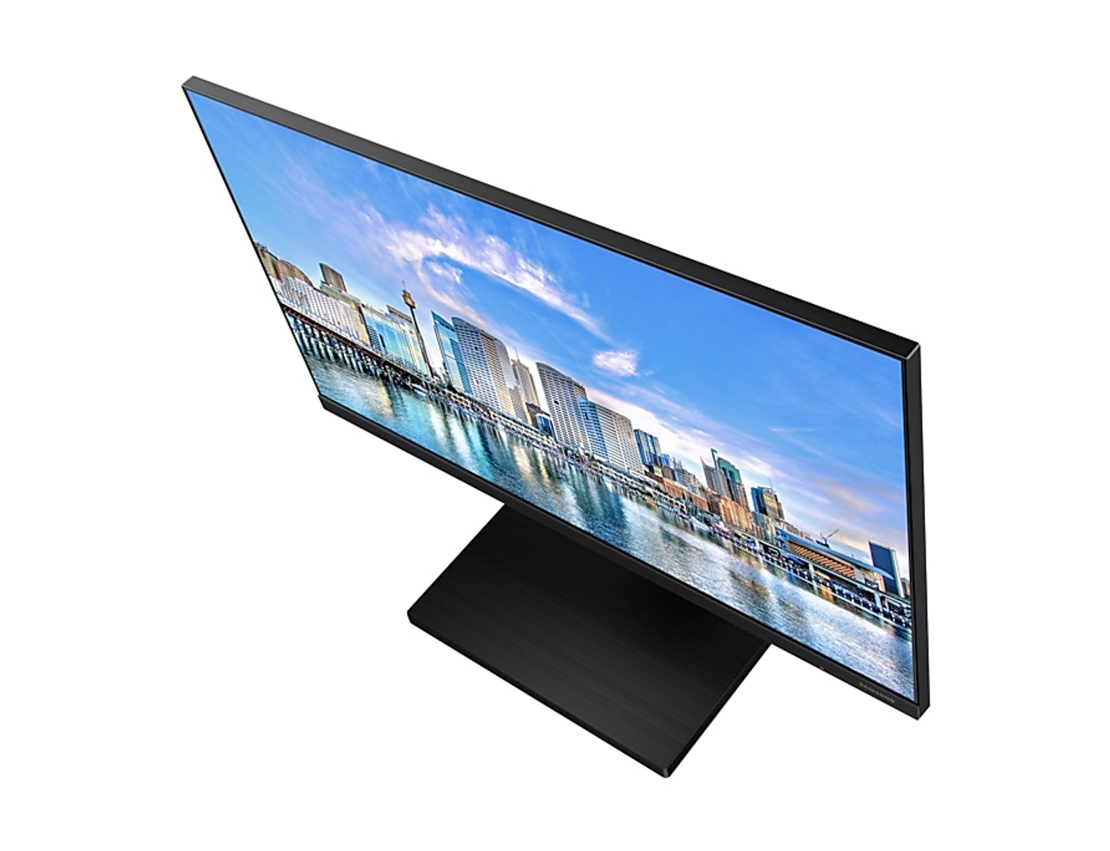 Monitor che mostra lo skyline di una città. È nero con supporto nero, angolato dall'alto.