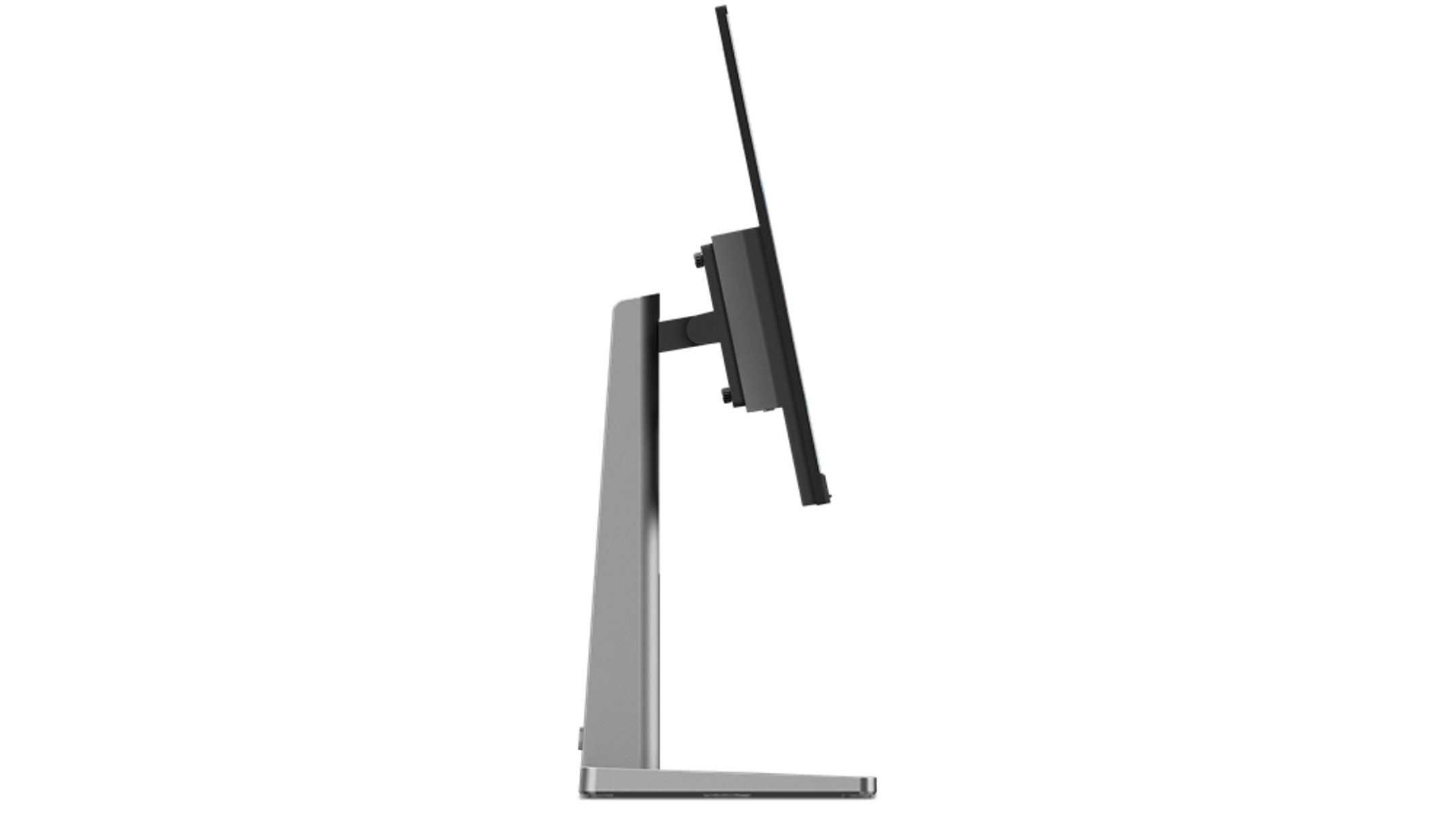 Seitenansicht eines Monitors mit silbernem Ständer und schwarzem Display.