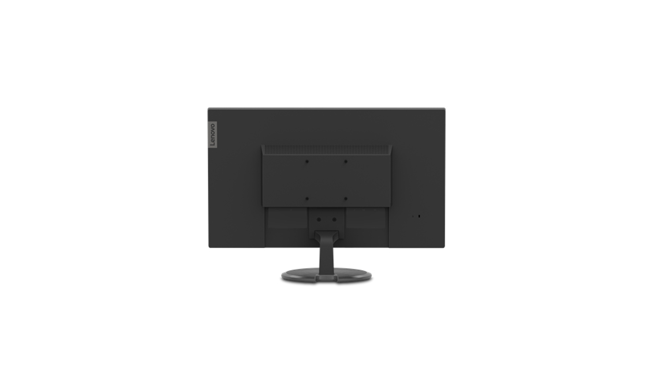 Retro di un monitor Lenovo nero. Ha una forma curva e un logo Lenovo. Il supporto è collegato nella parte inferiore.