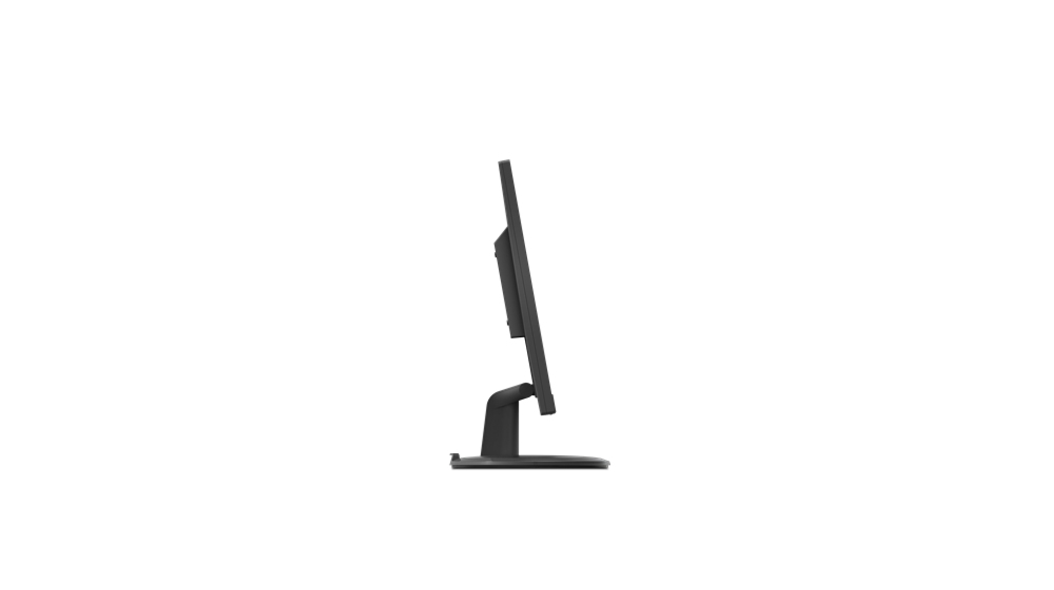 Vista laterale di un monitor nero con supporto nero su sfondo bianco.