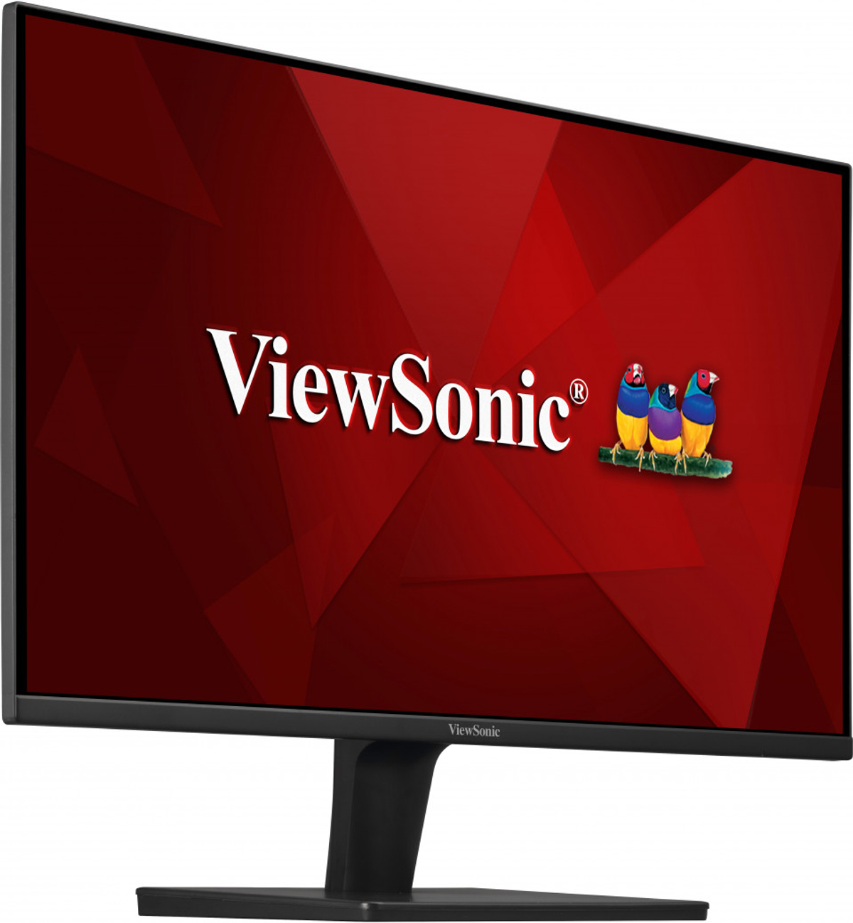 Ein schwarzer ViewSonic-Monitor mit Logo und drei Vögeln. Der Hintergrund ist rot.
