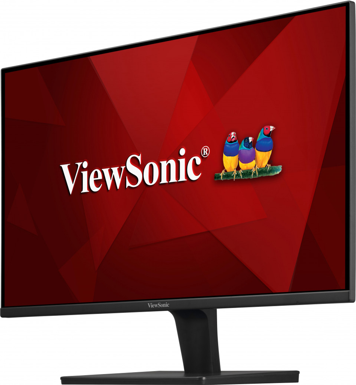 Ein ViewSonic-Monitor zeigt einen roten Hintergrund mit weißem Logo und drei bunten Vögeln.