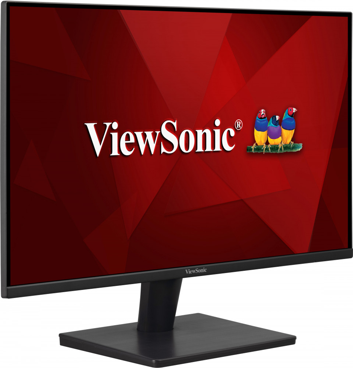 Un monitor ViewSonic mostra uno sfondo rosso con il logo del marchio e uccelli.