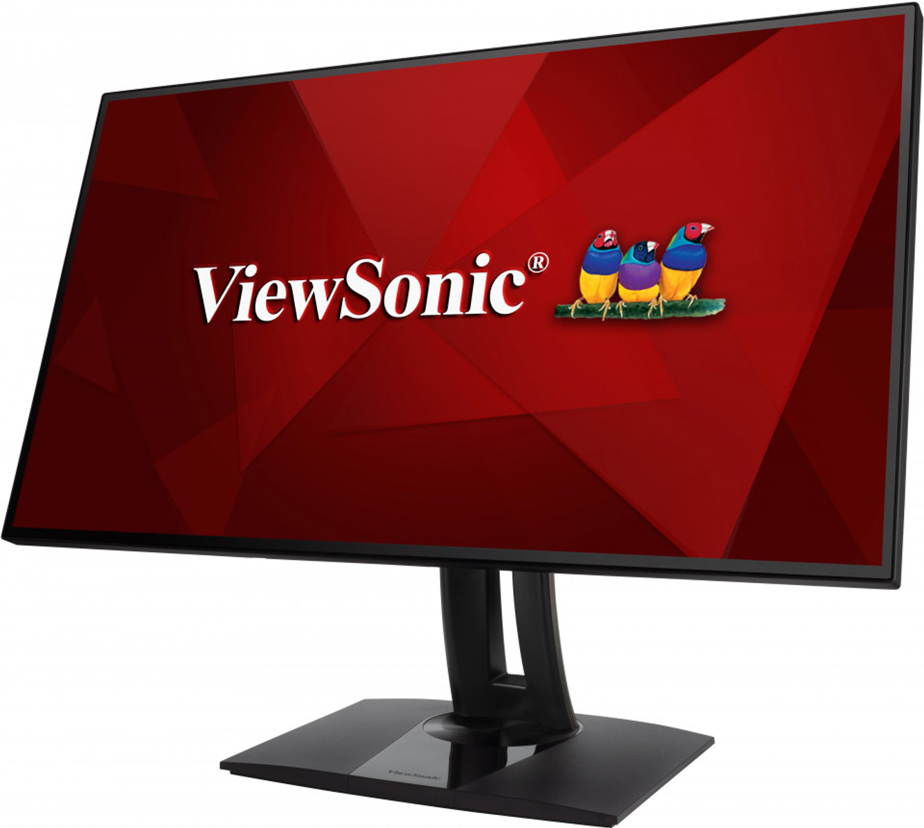 Monitor ViewSonic z logo i kolorowymi ptakami na ekranie.