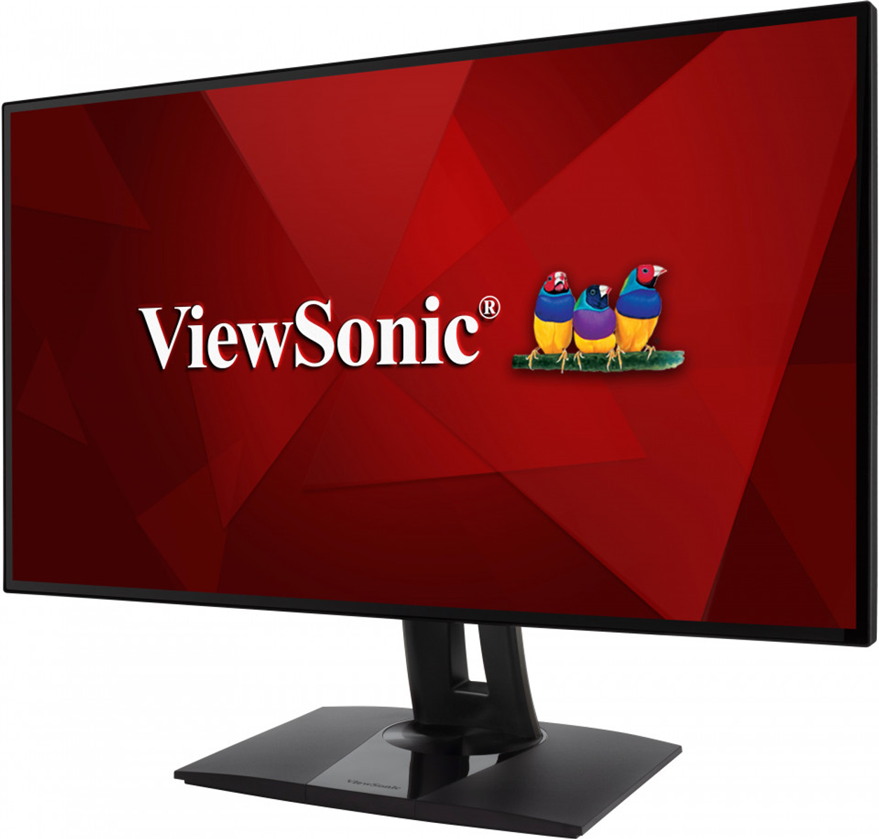 Monitor ViewSonic wyświetlający czerwoną i białą grafikę z trzema kolorowymi ptakami.