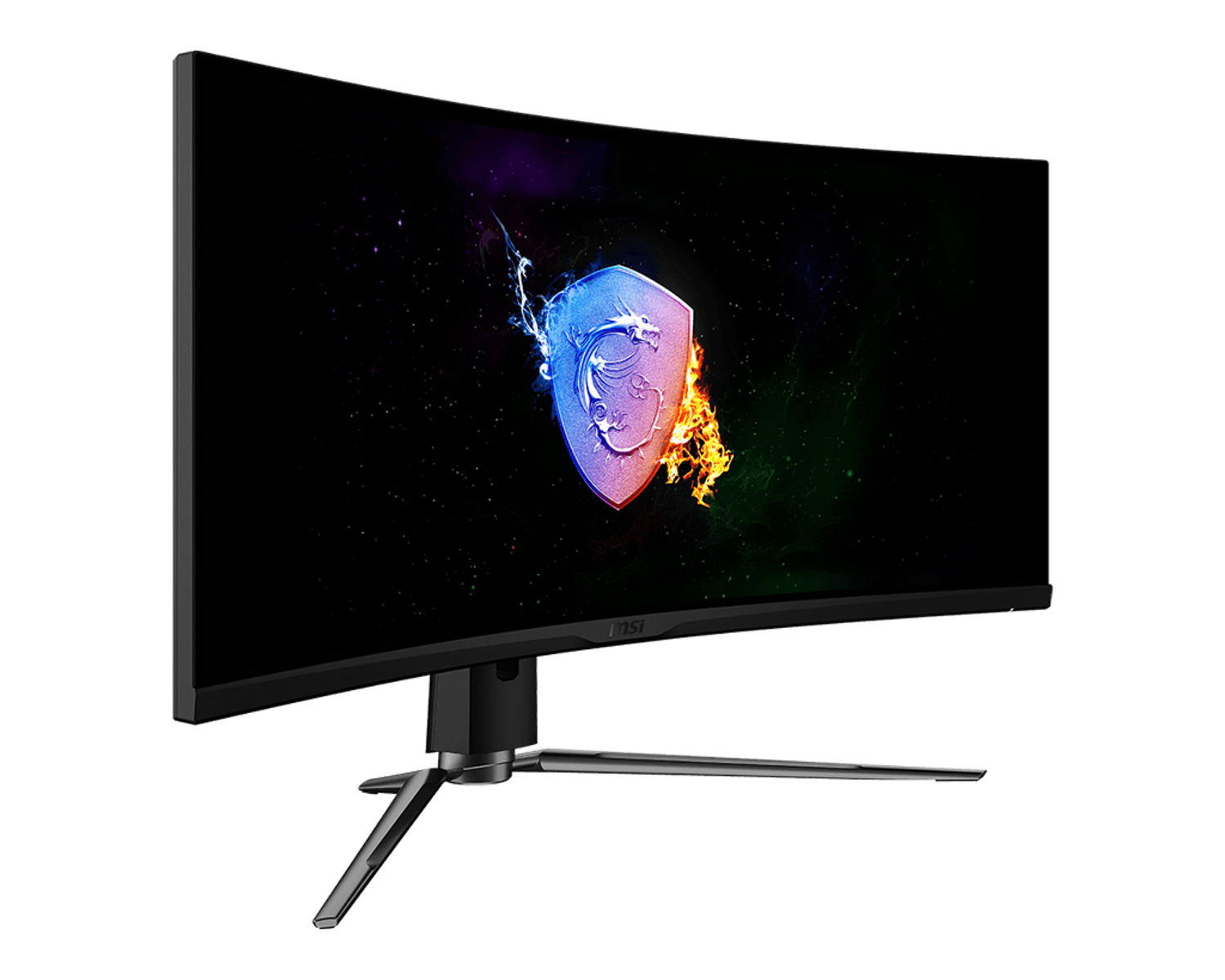 Gebogener Gaming-Monitor mit MSI-Logo auf weißem Hintergrund.
