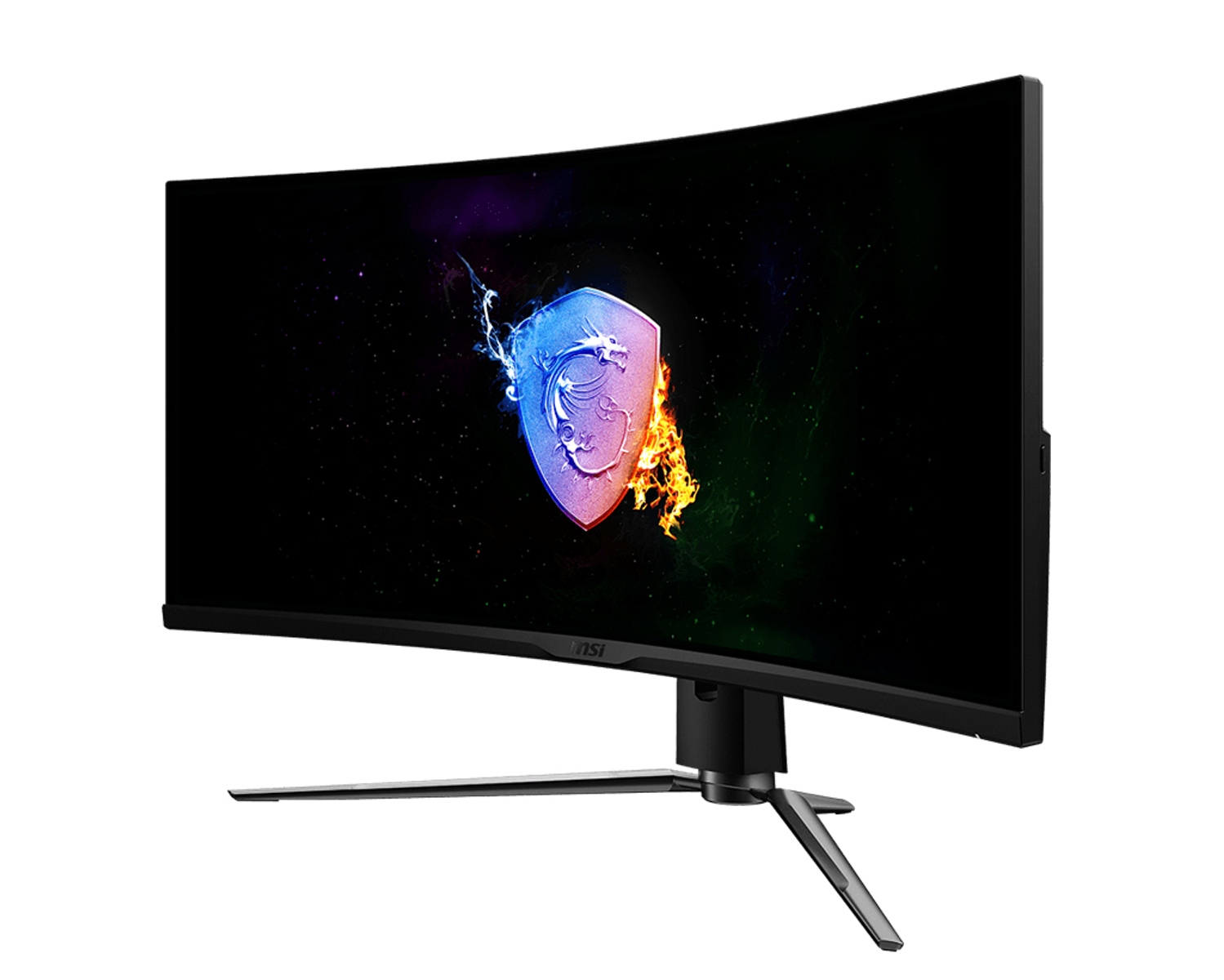 Gebogener MSI-Gaming-Monitor mit Drachenlogo auf dunklem Hintergrund. Schwarzer Ständer mit drei Beinen.