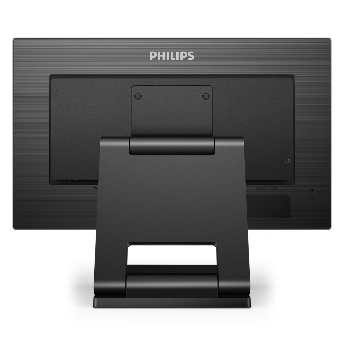 Tył monitora Philips, czarny, ze stojakiem. Widoczne są porty USB.