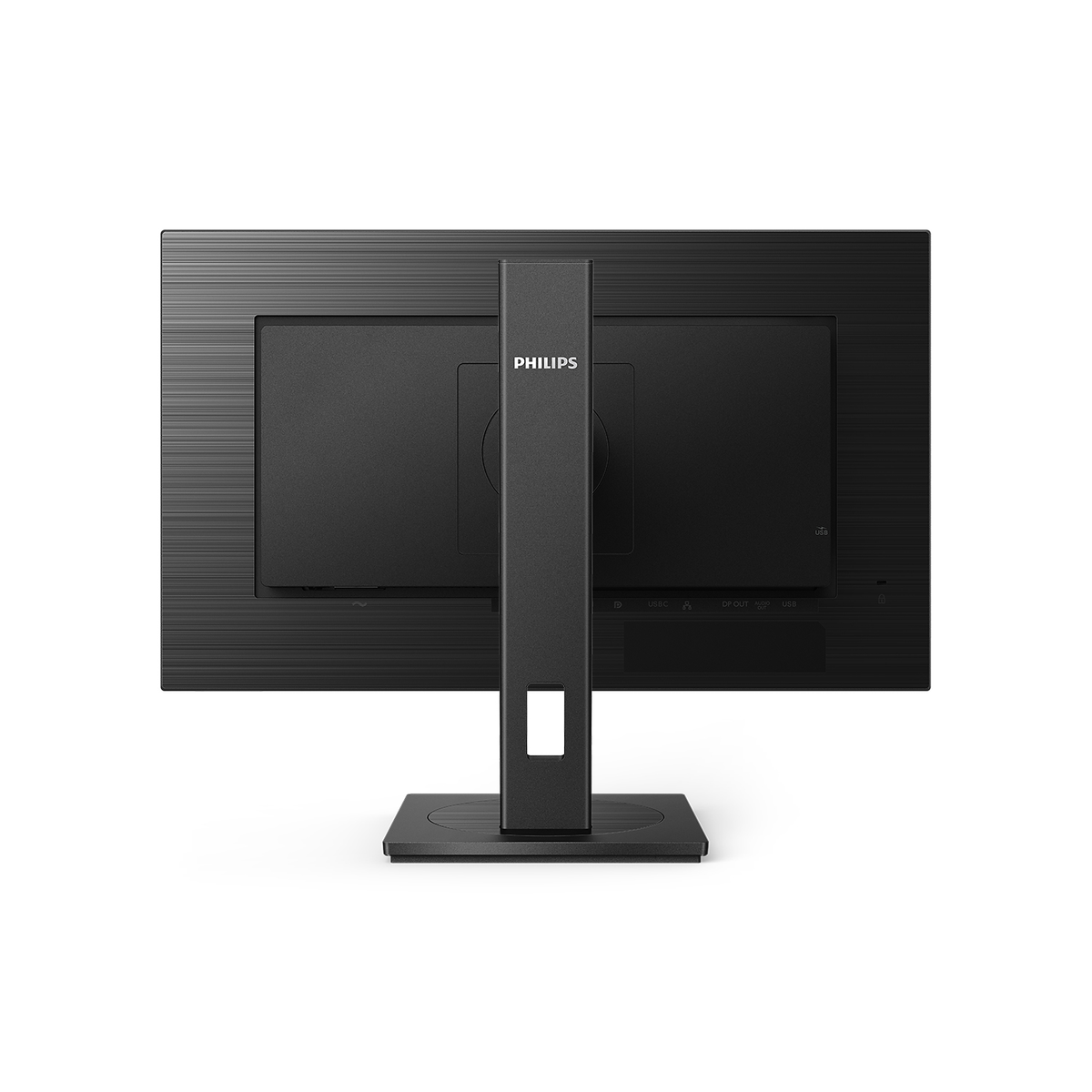 Retro di un monitor Philips nero con supporto centrale e porte, tra cui USB e DP.