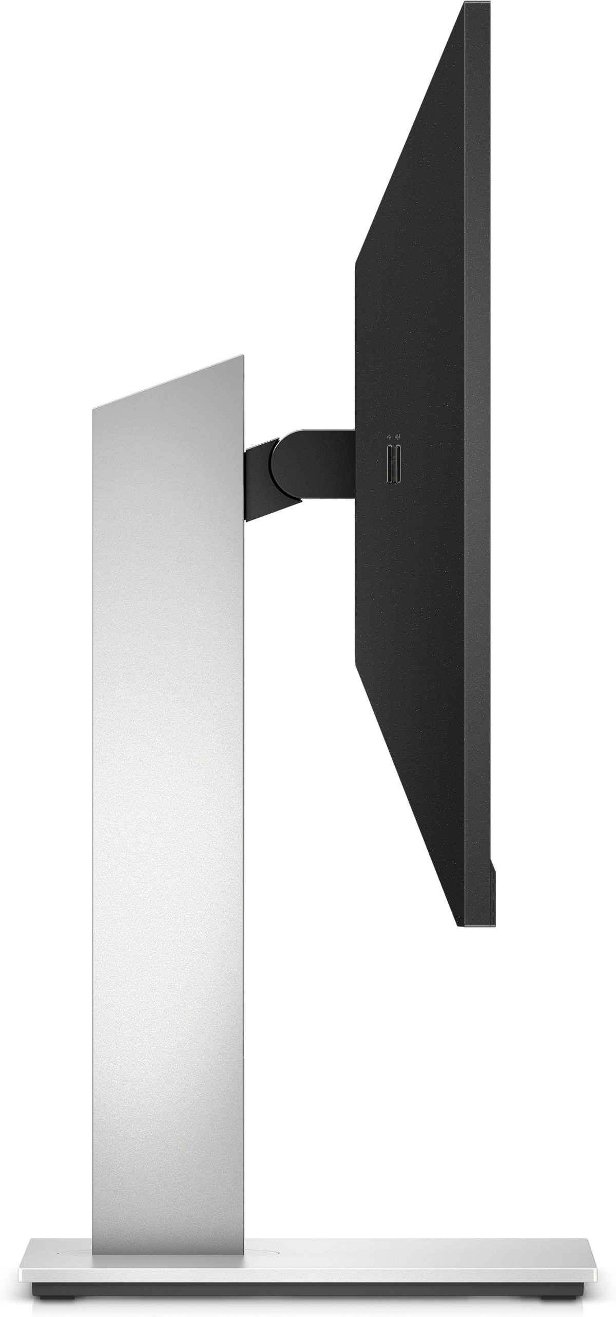 Srebrny i czarny monitor komputerowy ze stojakiem, widok z boku, na białym tle.