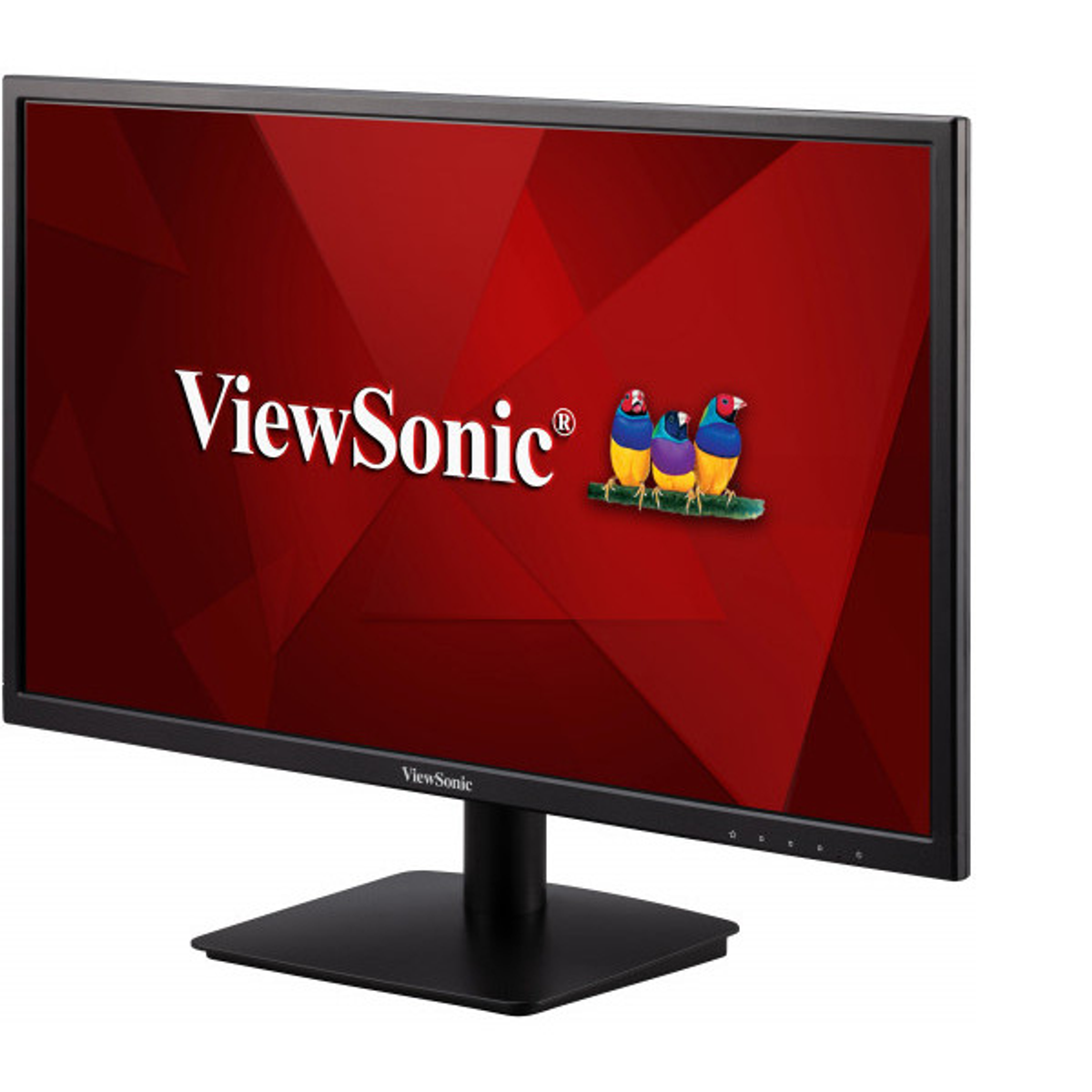 Ein Computermonitor, der einen roten Hintergrund mit einem 'ViewSonic'-Logo und drei Vögeln anzeigt.