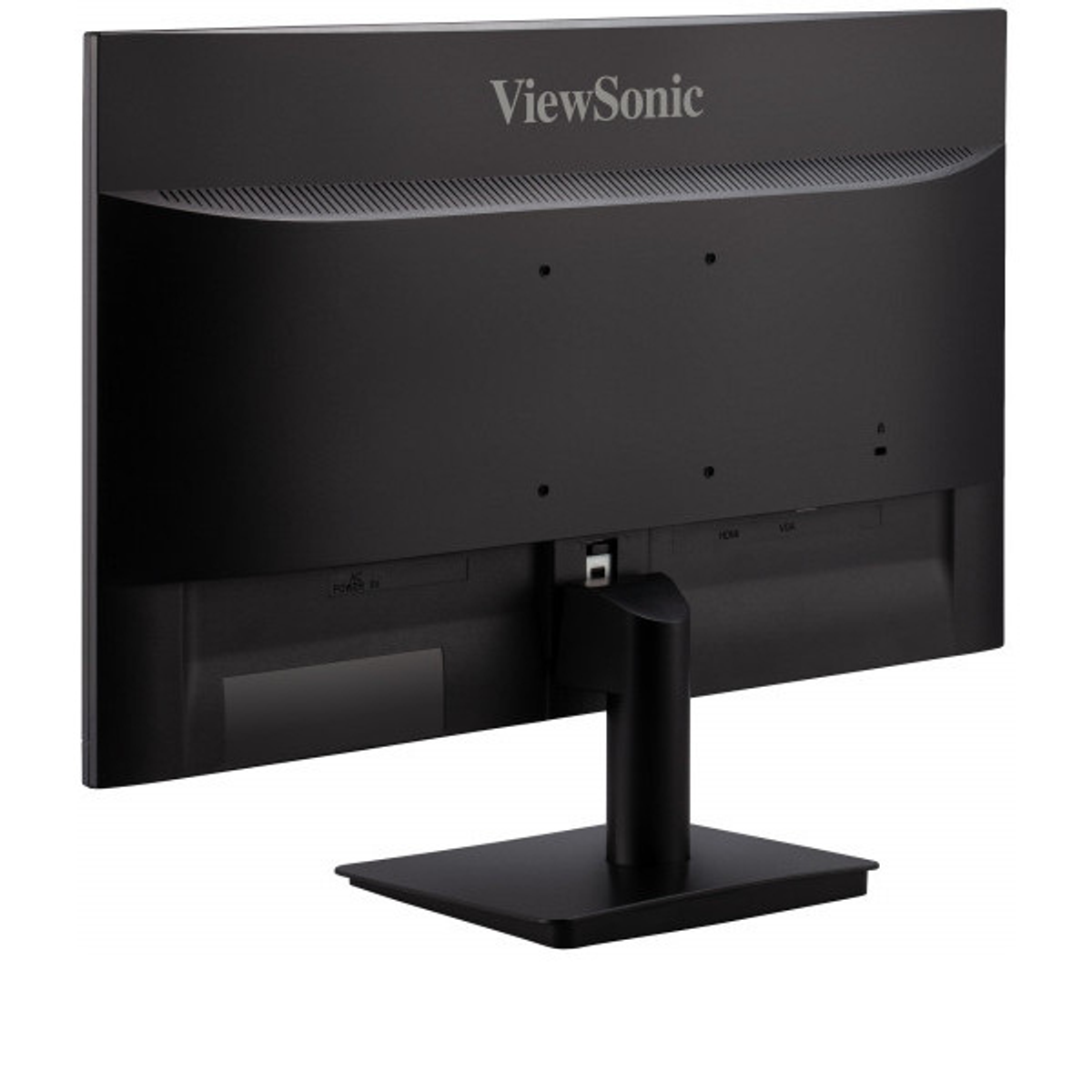 Die Rückseite eines schwarzen ViewSonic-Monitors mit Anschlüssen, einem Ständer und dem ViewSonic-Logo.