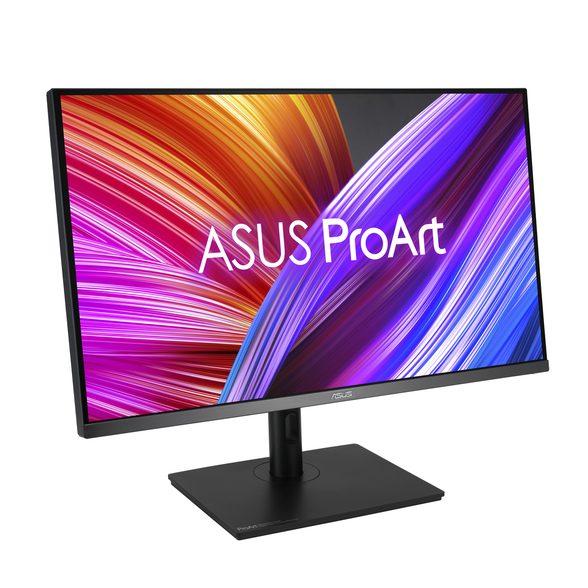Monitor komputera wyświetlający logo ASUS ProArt i kolorowy design, czarna podstawa.