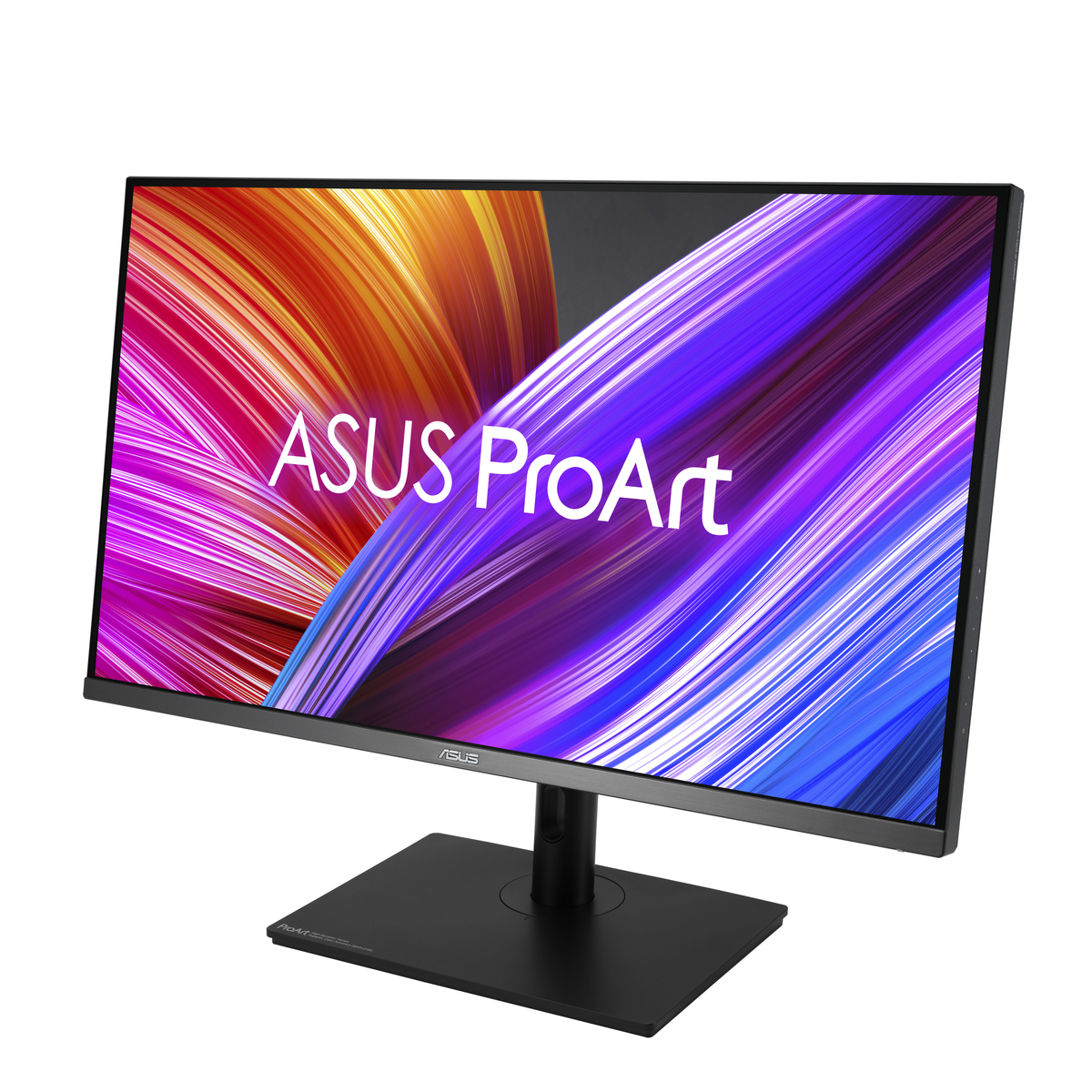 Monitor z tekstem ASUS ProArt, ekran ma różne kolory i czarny stojak.