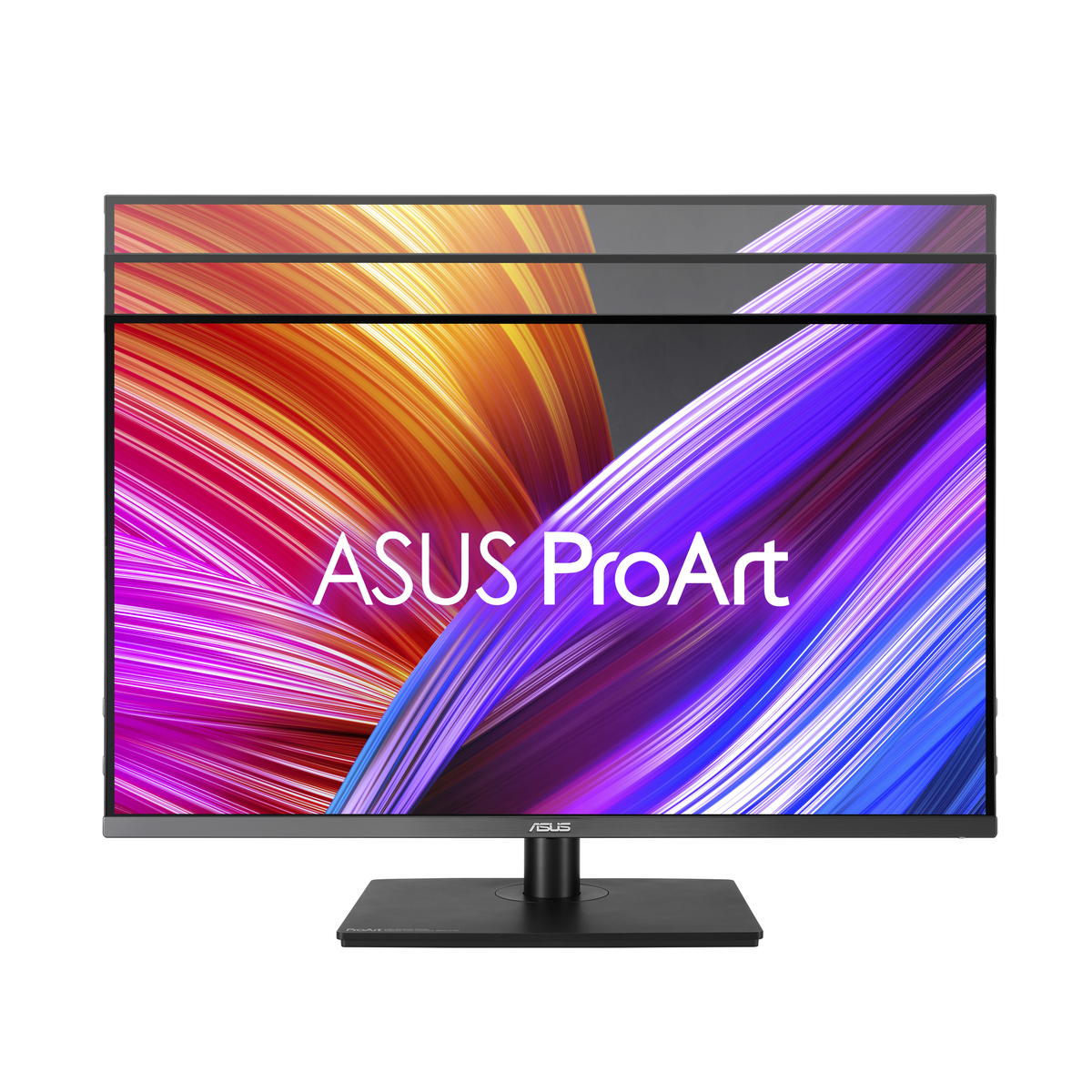 Monitor ASUS ProArt z kolorowym ekranem. Podstawa czarna, tło białe.