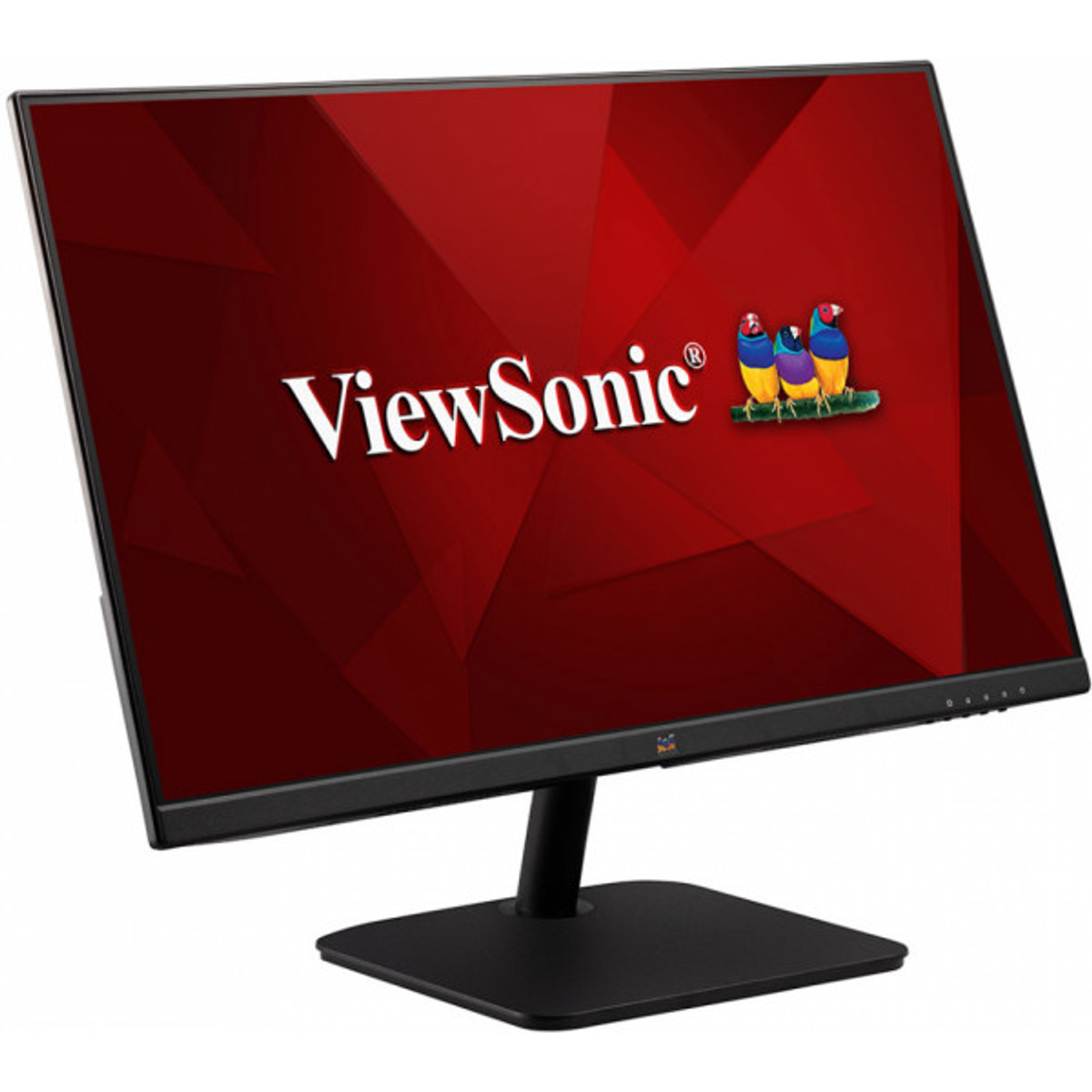 ViewSonic-Monitor mit rotem Hintergrund und Logo. Schwarzer Ständer. Vögel oben rechts.