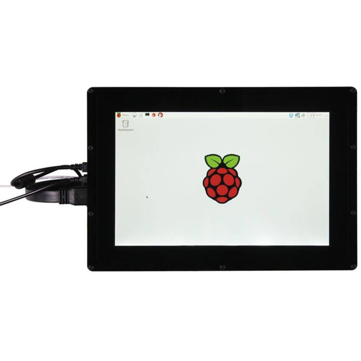 Schwarzer Bildschirm mit Raspberry Pi-Logo. Angeschlossene Kabel und schwarzer Rahmen.
