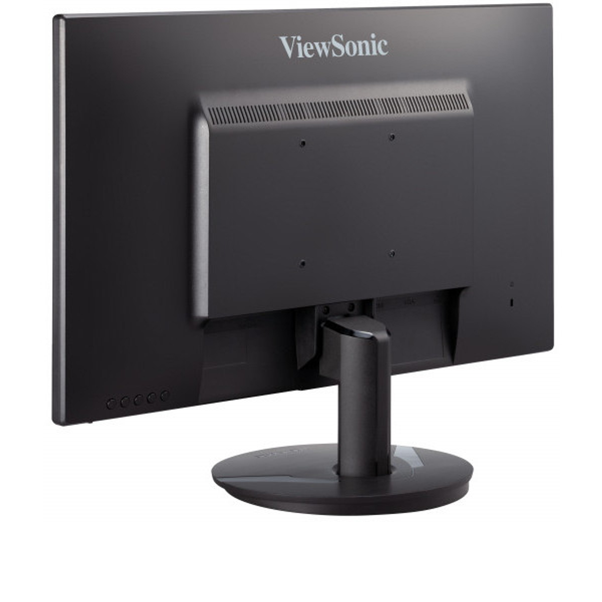 La vista posteriore di un monitor per computer nero con il logo ViewSonic. Anche il supporto è nero.