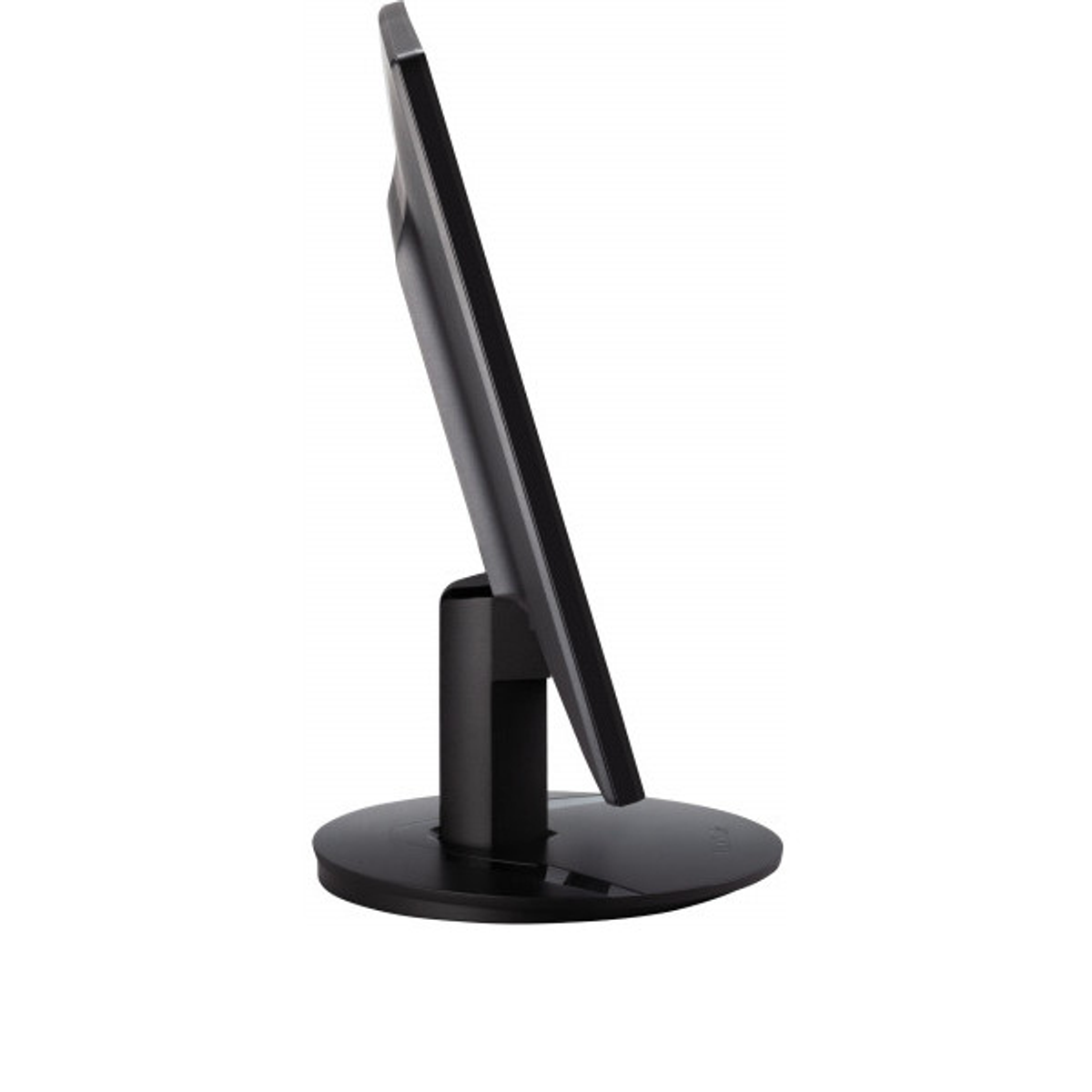 Vista laterale di un monitor per computer nero con supporto nero, su sfondo bianco.