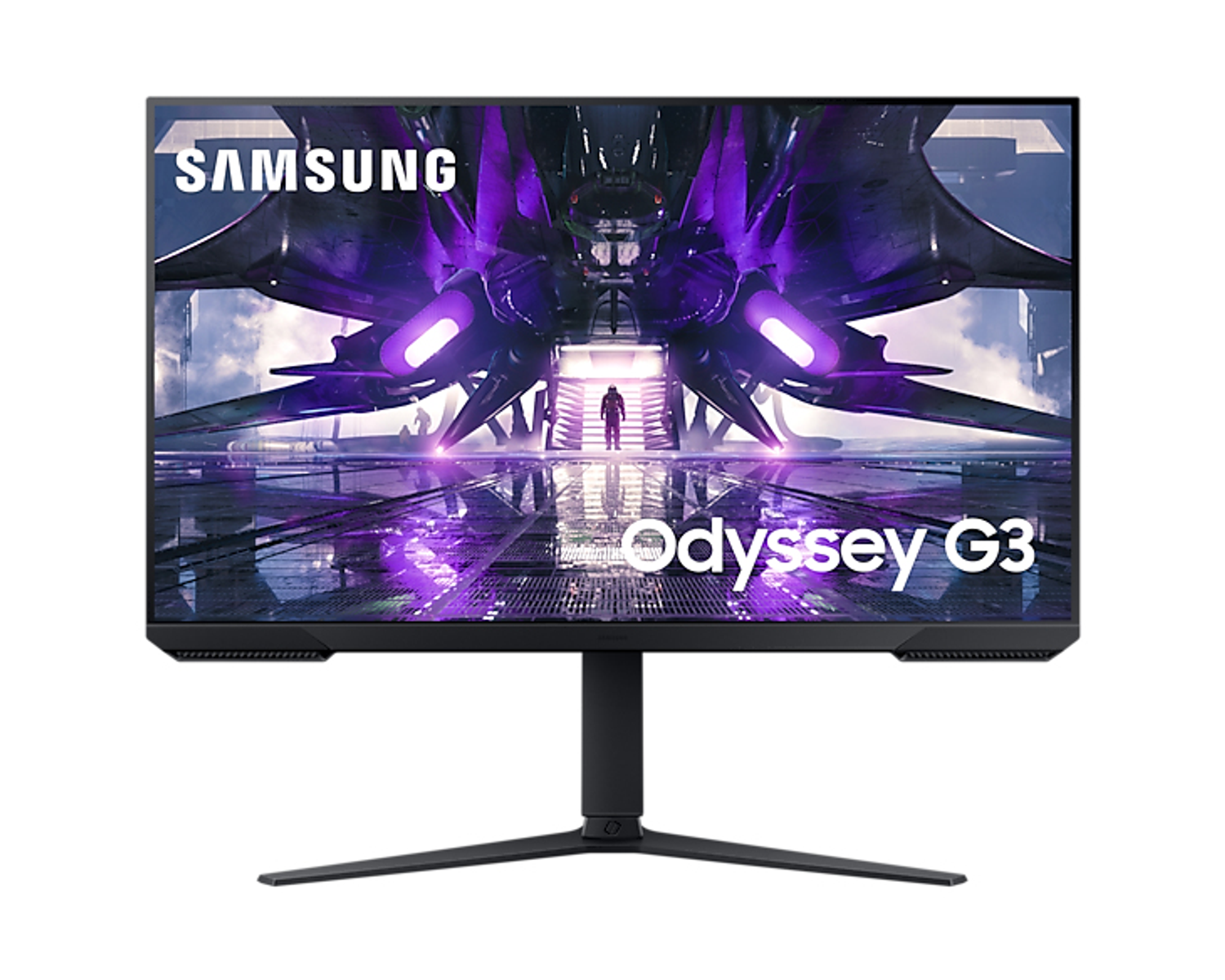 Monitor Samsung Odyssey G3, vista frontale. Mostra una scena di gioco futuristica.