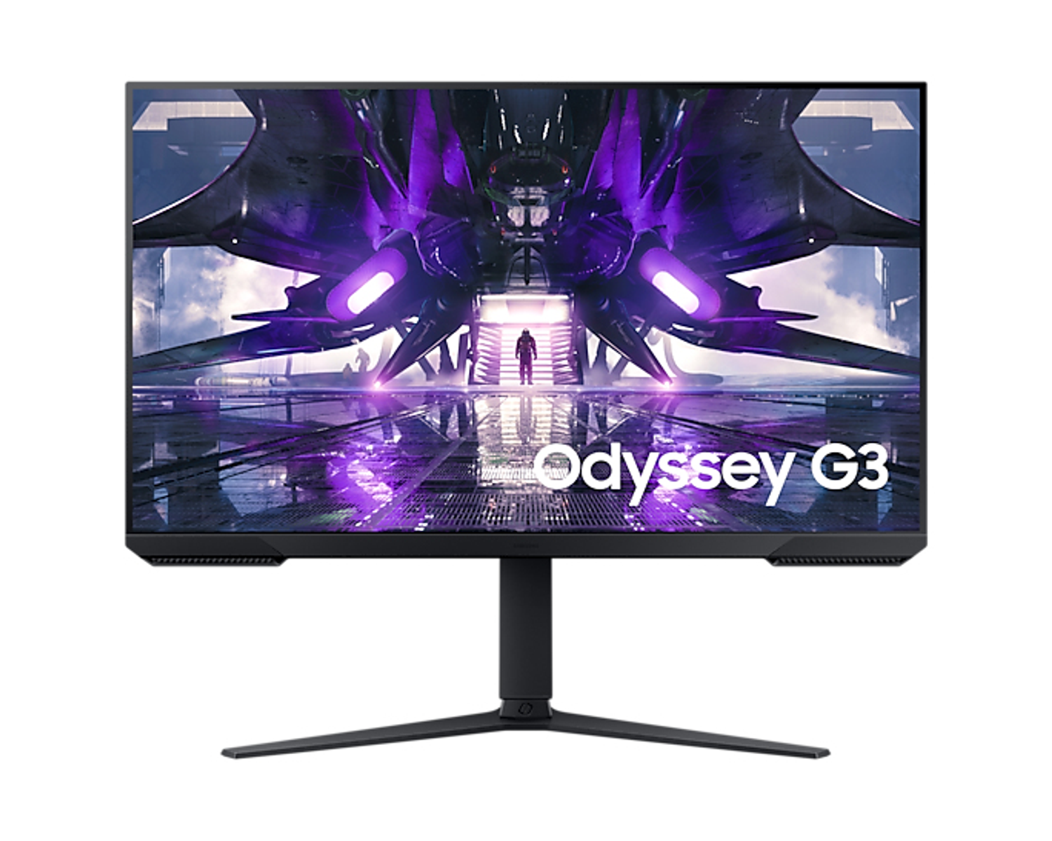 Monitor Samsung Odyssey G3 che mostra una scena futuristica. Supporto nero, sfondo bianco.