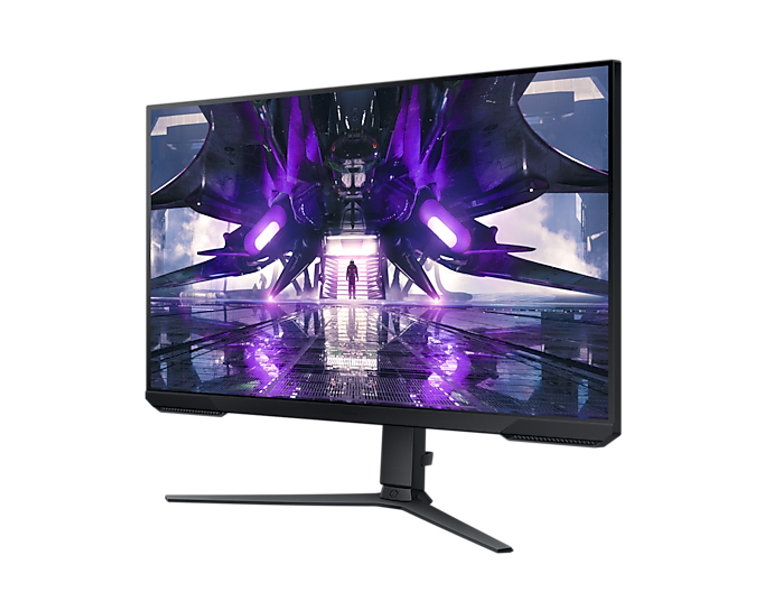 Un monitor da gioco che mostra una scena futuristica con una figura umanoide ed elementi spaziali. Sfondo bianco.