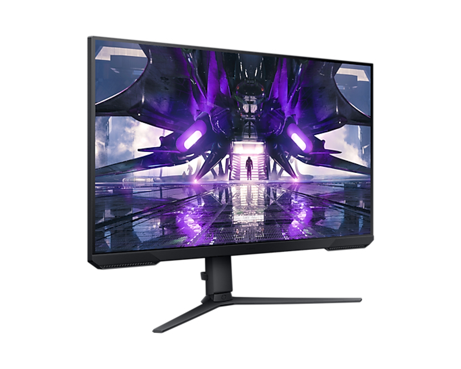 Un monitor da gioco che mostra una scena futuristica con una figura umanoide ed elementi spaziali. Sfondo bianco.