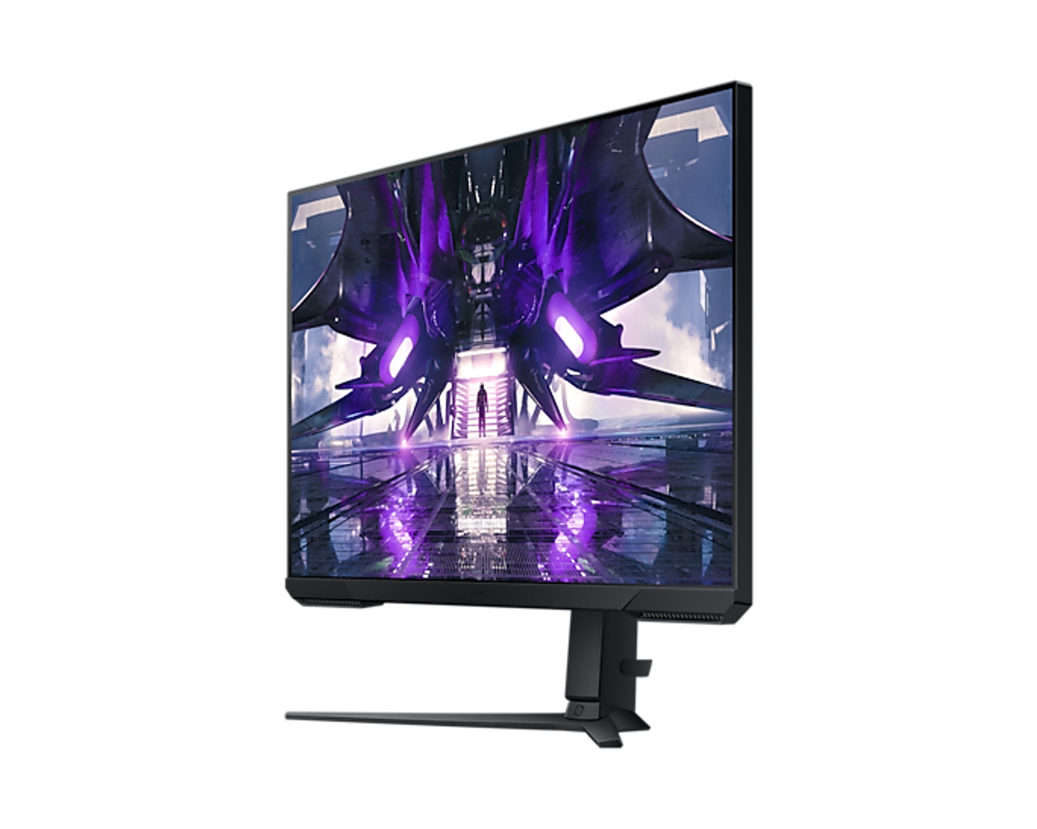 Monitor Samsung Odyssey G3 angolato. Supporto nero, scena futuristica, sfondo bianco.