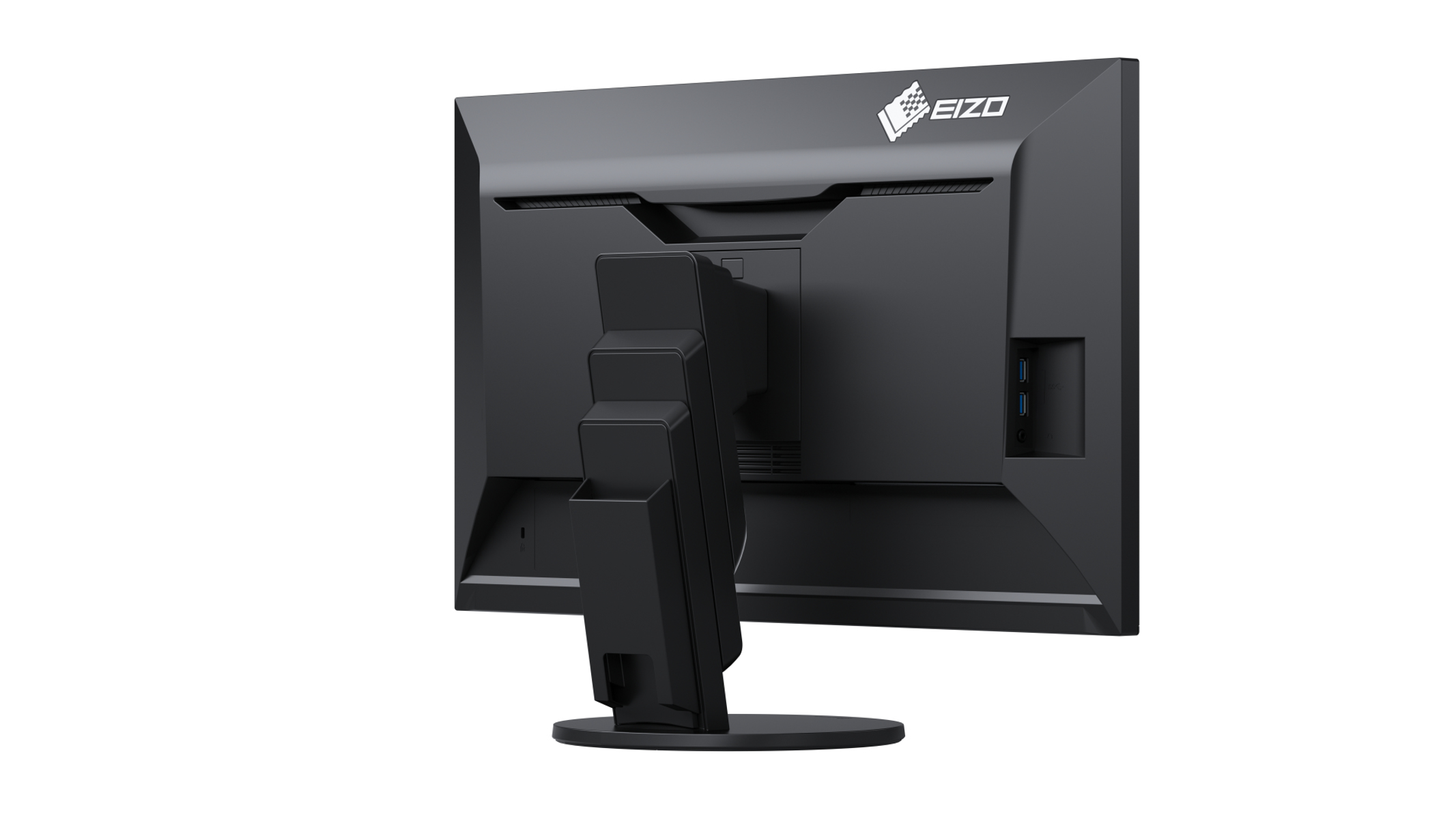 Rückseite eines schwarzen Computermonitors mit Ständer, Logo oben. Anschlüsse sind sichtbar.