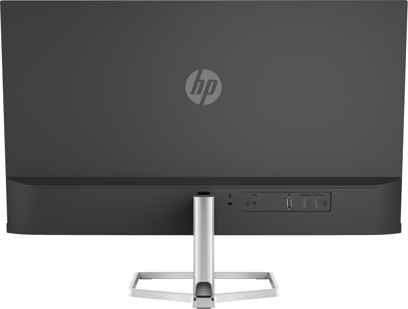 Rückseite eines schwarzen Monitors mit Anschlüssen und Ständer, weißer Hintergrund.