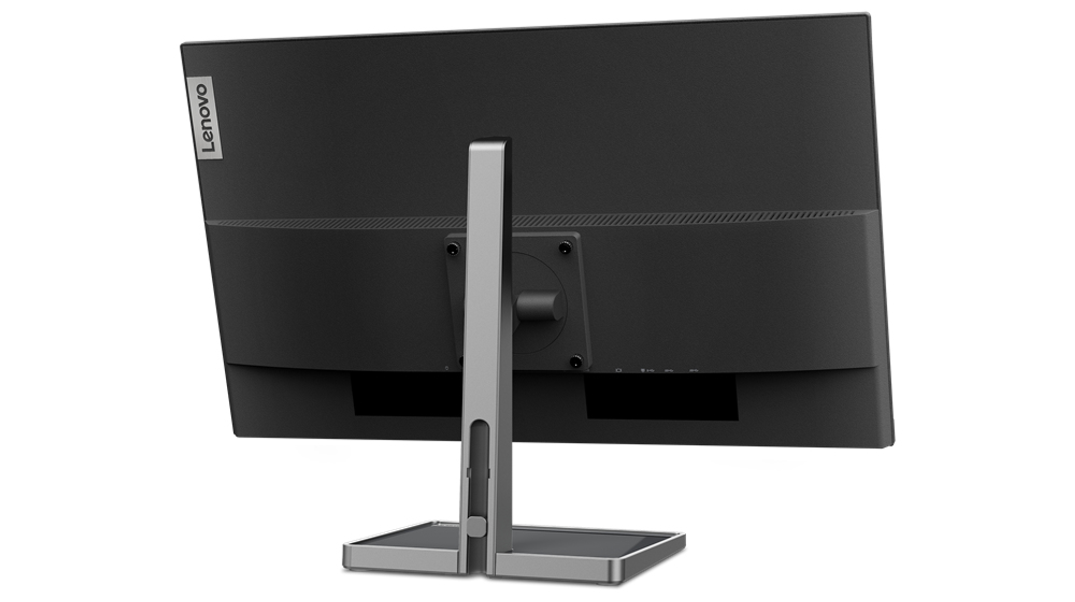 Rückseite eines Monitors mit schwarzem Rahmen und farbenfroher LED-Beleuchtung.
