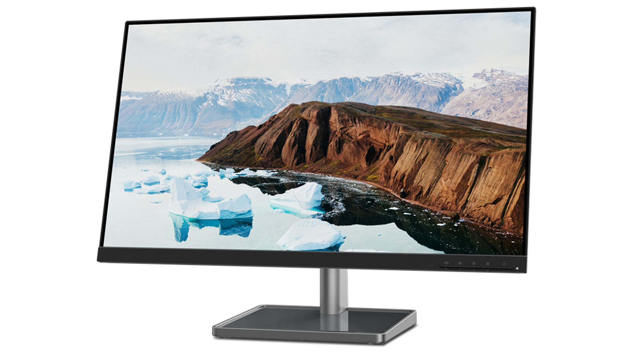 Monitor zeigt Landschaft mit Eisbergen und Bergen.